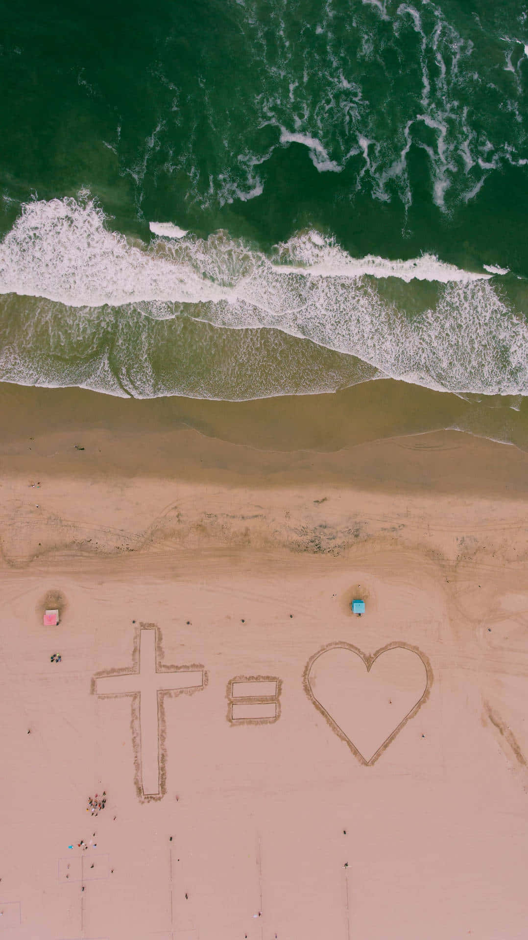 beach, heart drawn in sand, turquoise ocean waves, Full HD Phone Wallpaper