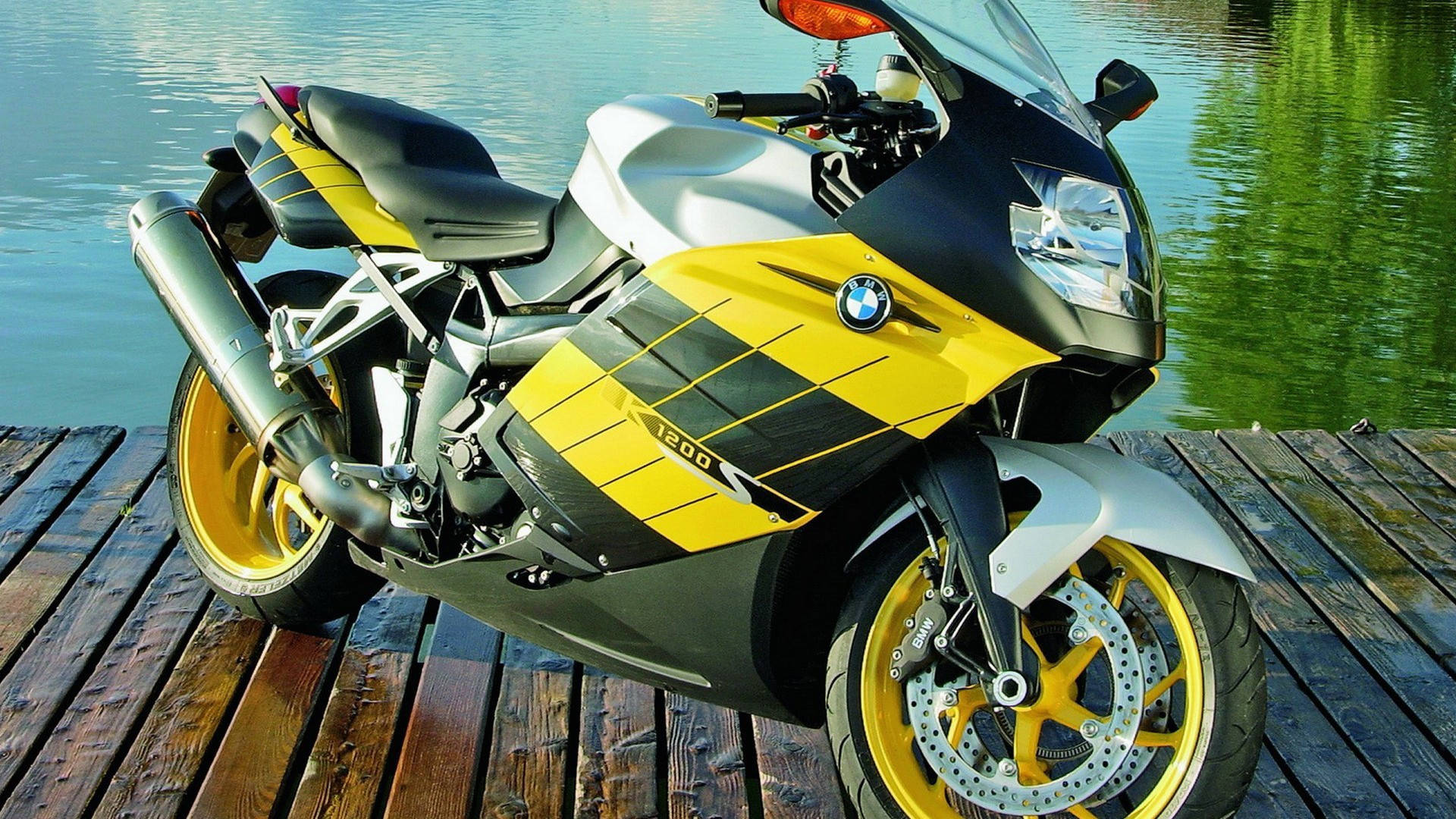 yellow BMW K1200S, wooden dock, calm water, Full HD Desktop Wallpaper