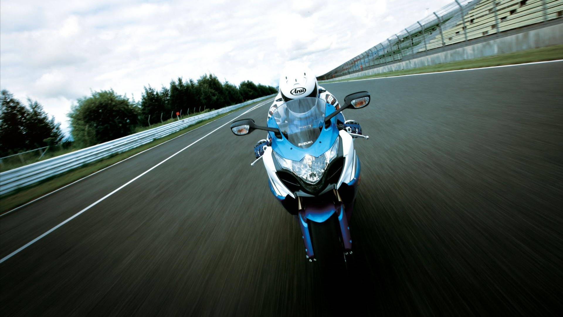 blue Suzuki GSX-R1000, white helmet, racetrack, Full HD Desktop Wallpaper