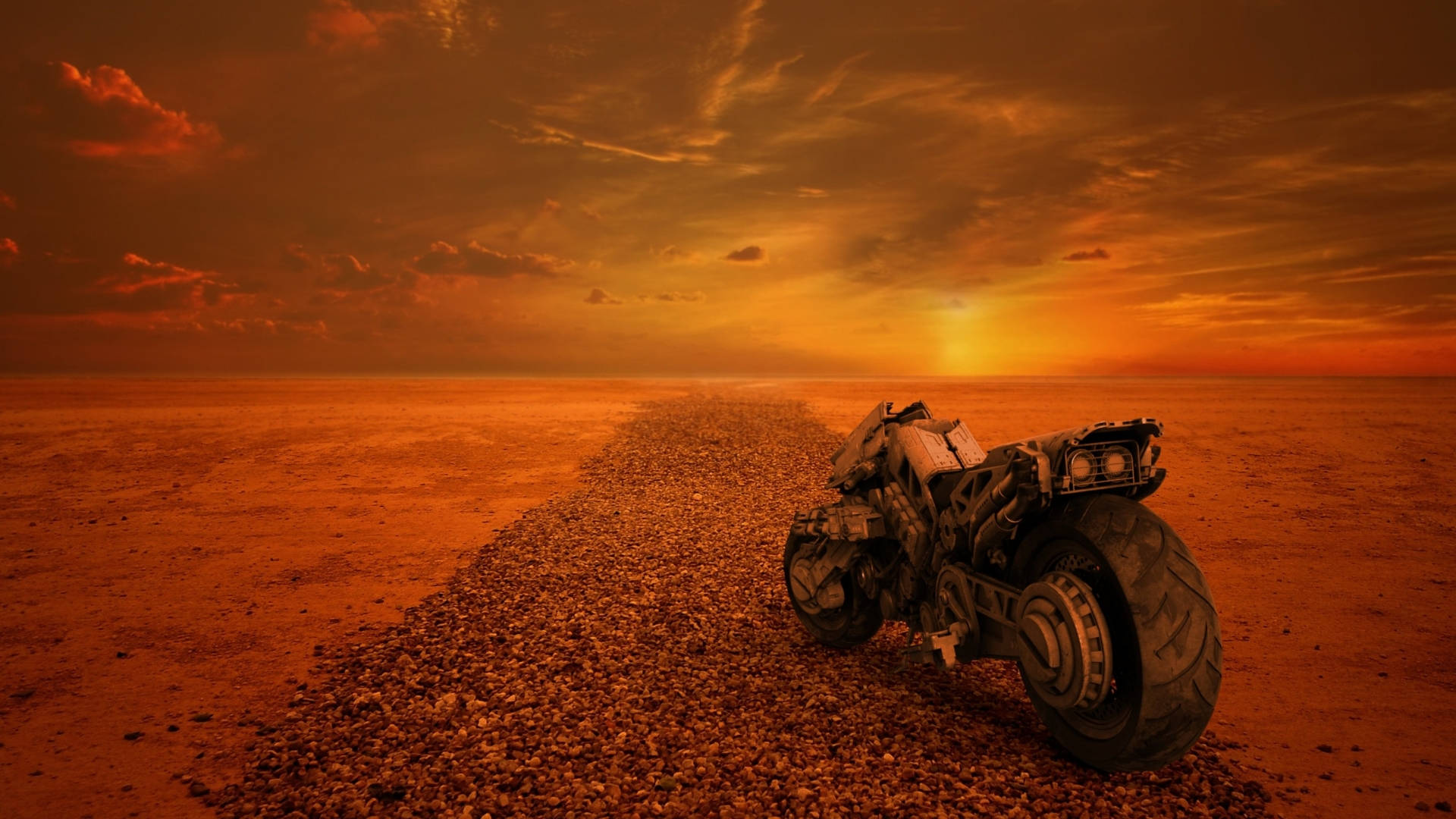 Cyberpunk Motorcycle, gravel path, orange desert, Full HD Desktop Wallpaper