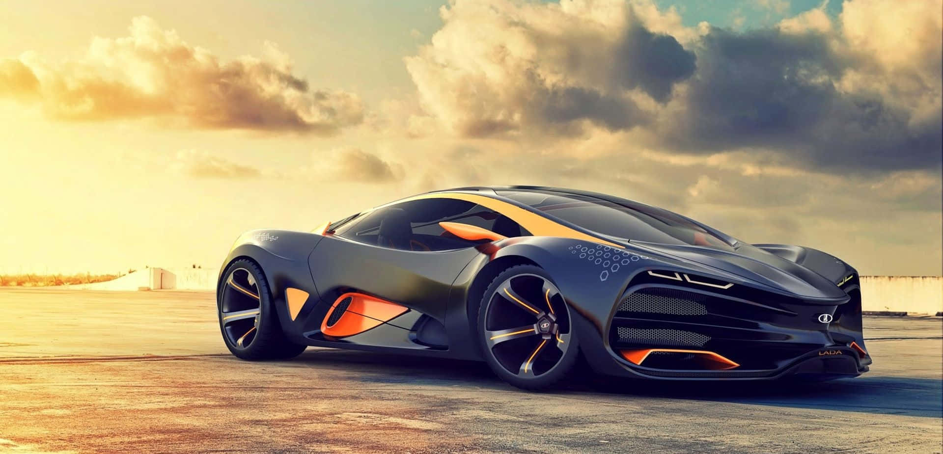 futuristic sports car, orange accents, sunlit tarmac, Full HD Desktop Wallpaper
