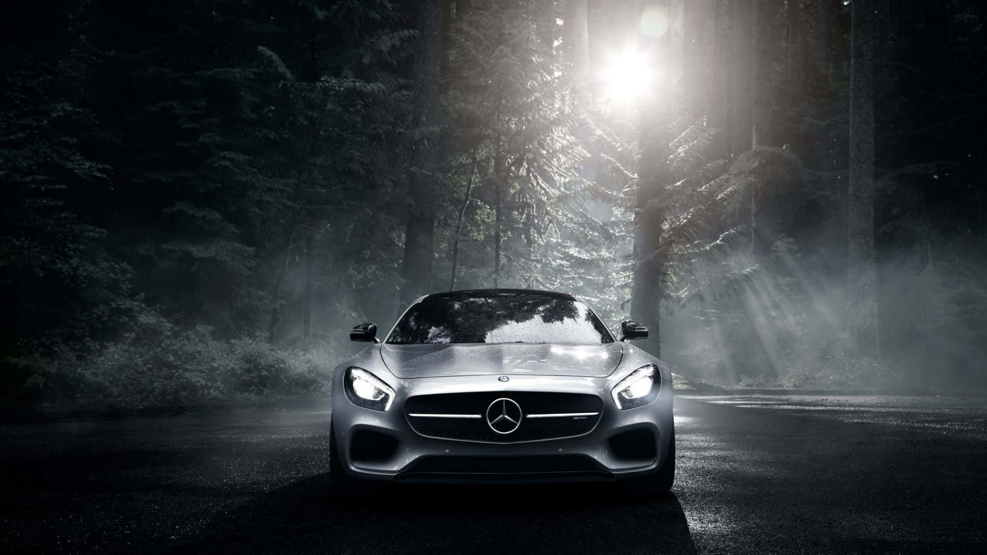sleek silver sports car, dramatic forest beams, night, Full HD Desktop Wallpaper
