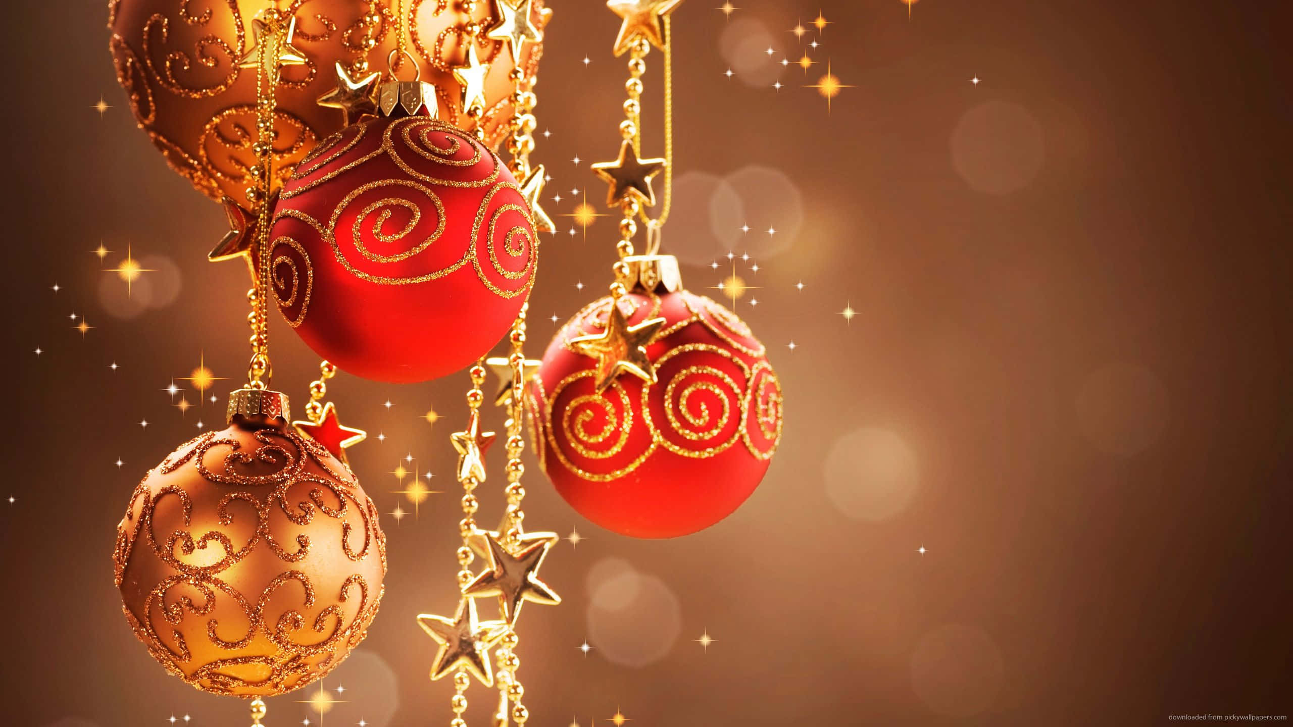 1920x1080 HD Christmas, red and gold Christmas ornaments, star accents, 2K Desktop Wallpaper
