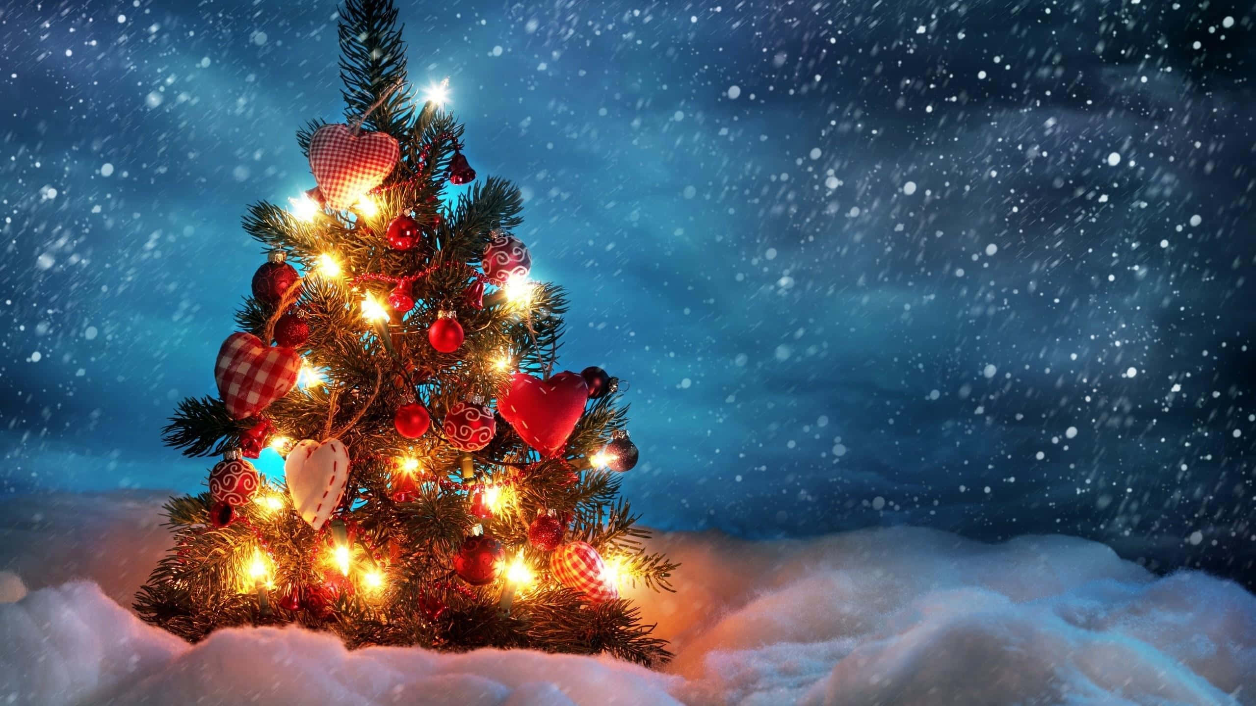 1920x1080 HD Christmas, Christmas tree, red hearts, 2K Desktop Wallpaper