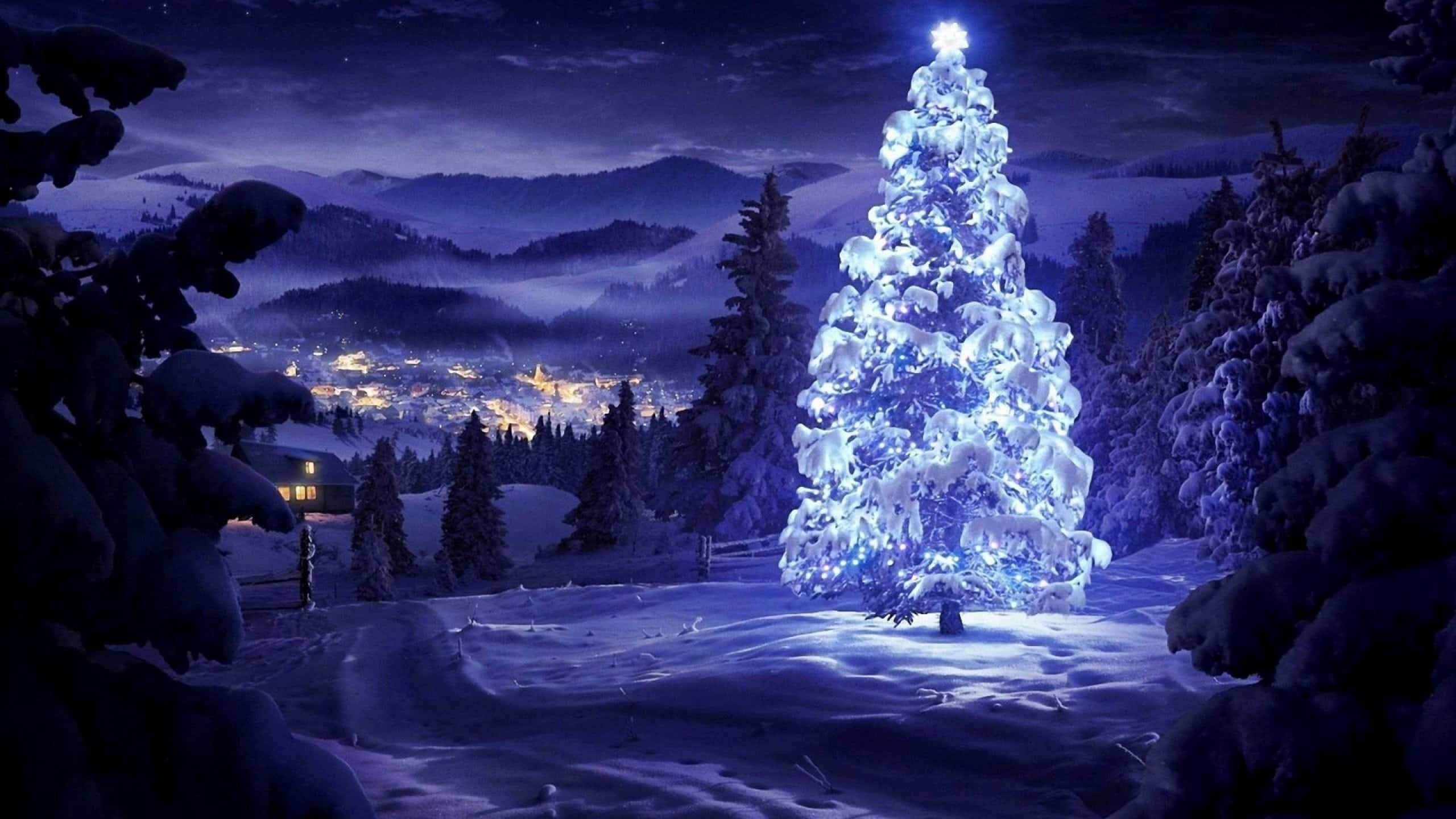 glowing blue Christmas tree, snowy mountain valley, night, 2K Desktop Wallpaper