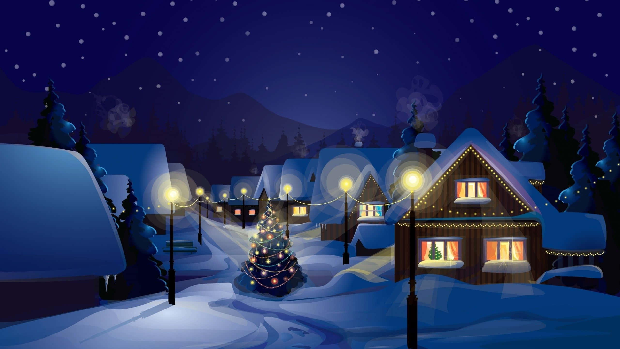1920x1080 HD Christmas, snow-covered village, glowing windows, 2K Desktop Wallpaper