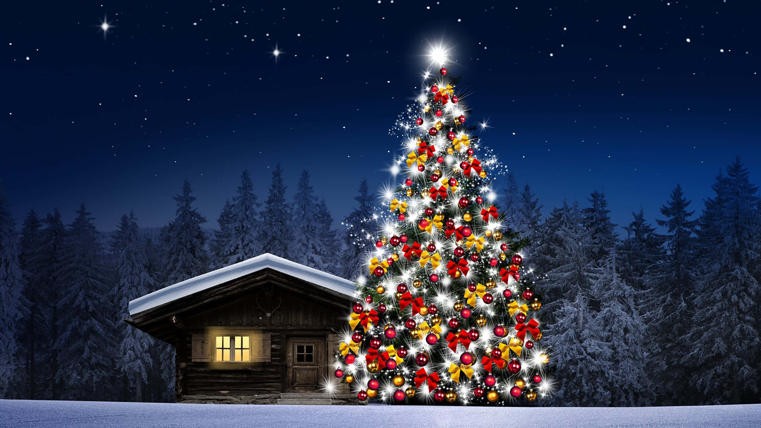 Christmas tree, red gold and white ornaments, snow-covered wooden cabin, 2K Desktop Wallpaper