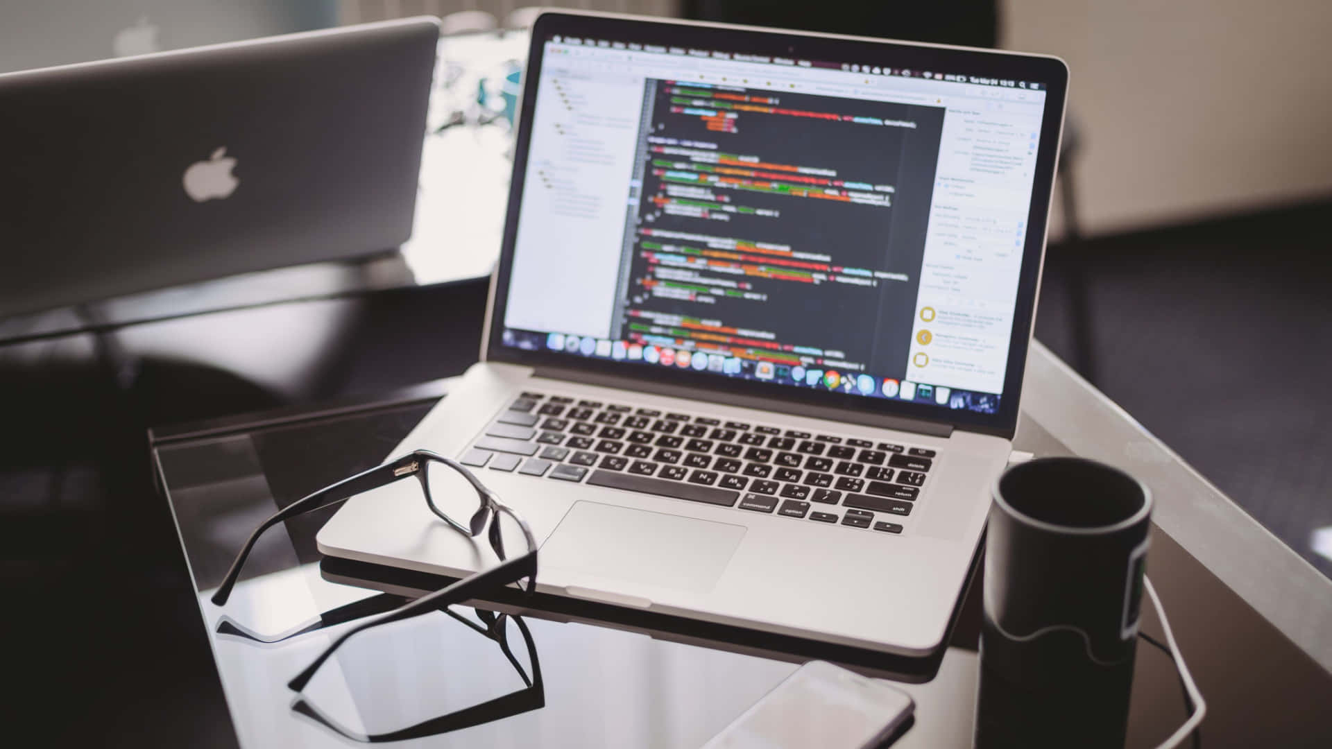1920x1080 HD Coding, sleek silver laptop, colorful code, Full HD Desktop Wallpaper