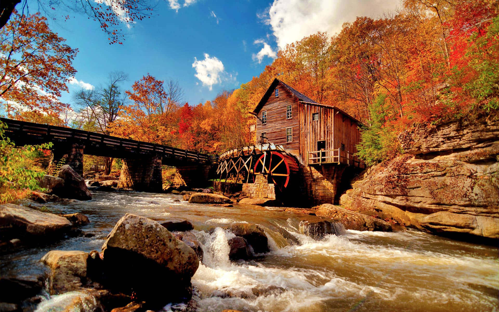 1920x1080 HD Fall, rustic wooden watermill, red wheel, Full HD Desktop Wallpaper