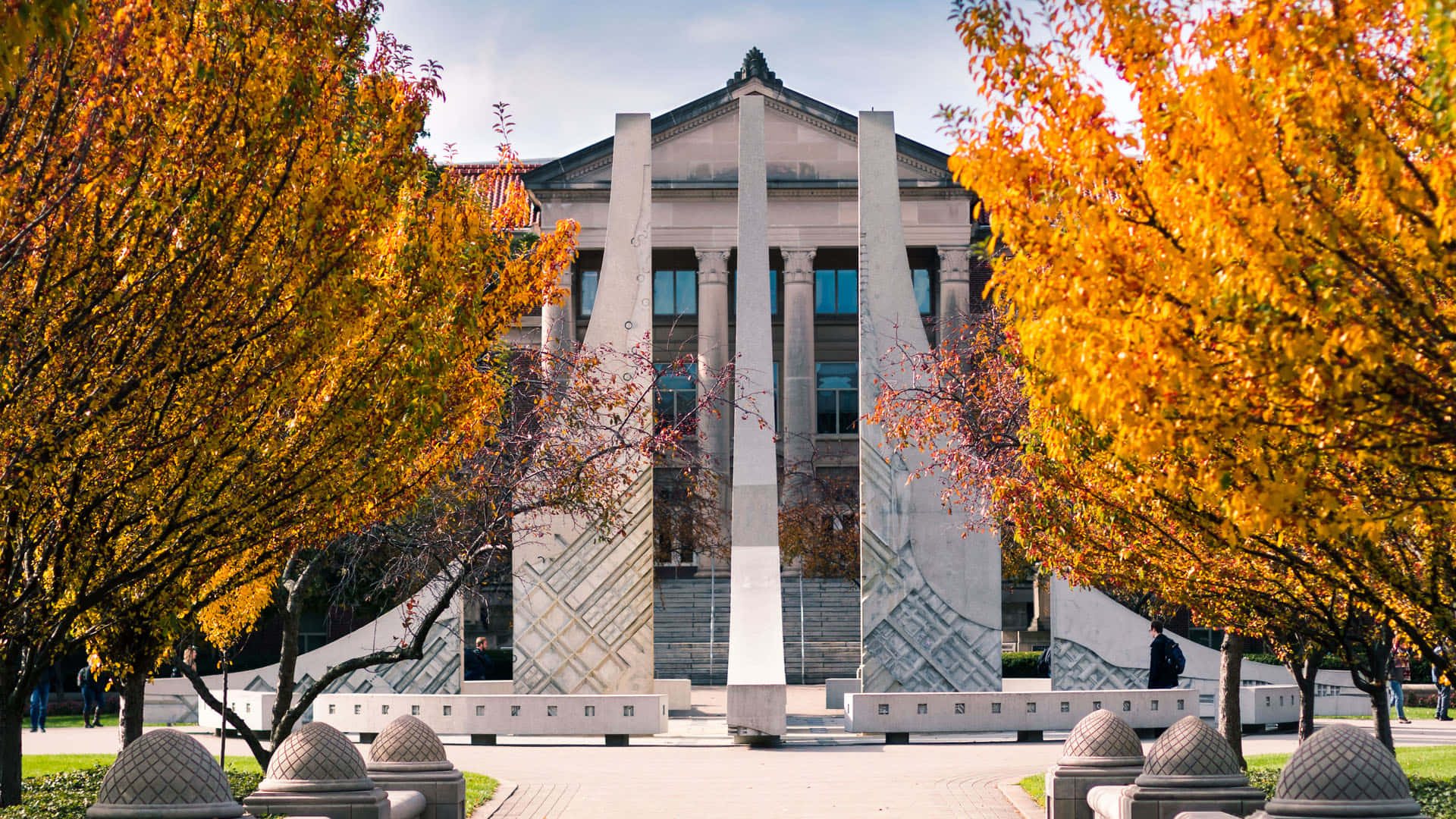 neoclassical building, vibrant golden autumn trees, clear blue sky, Full HD Desktop Wallpaper