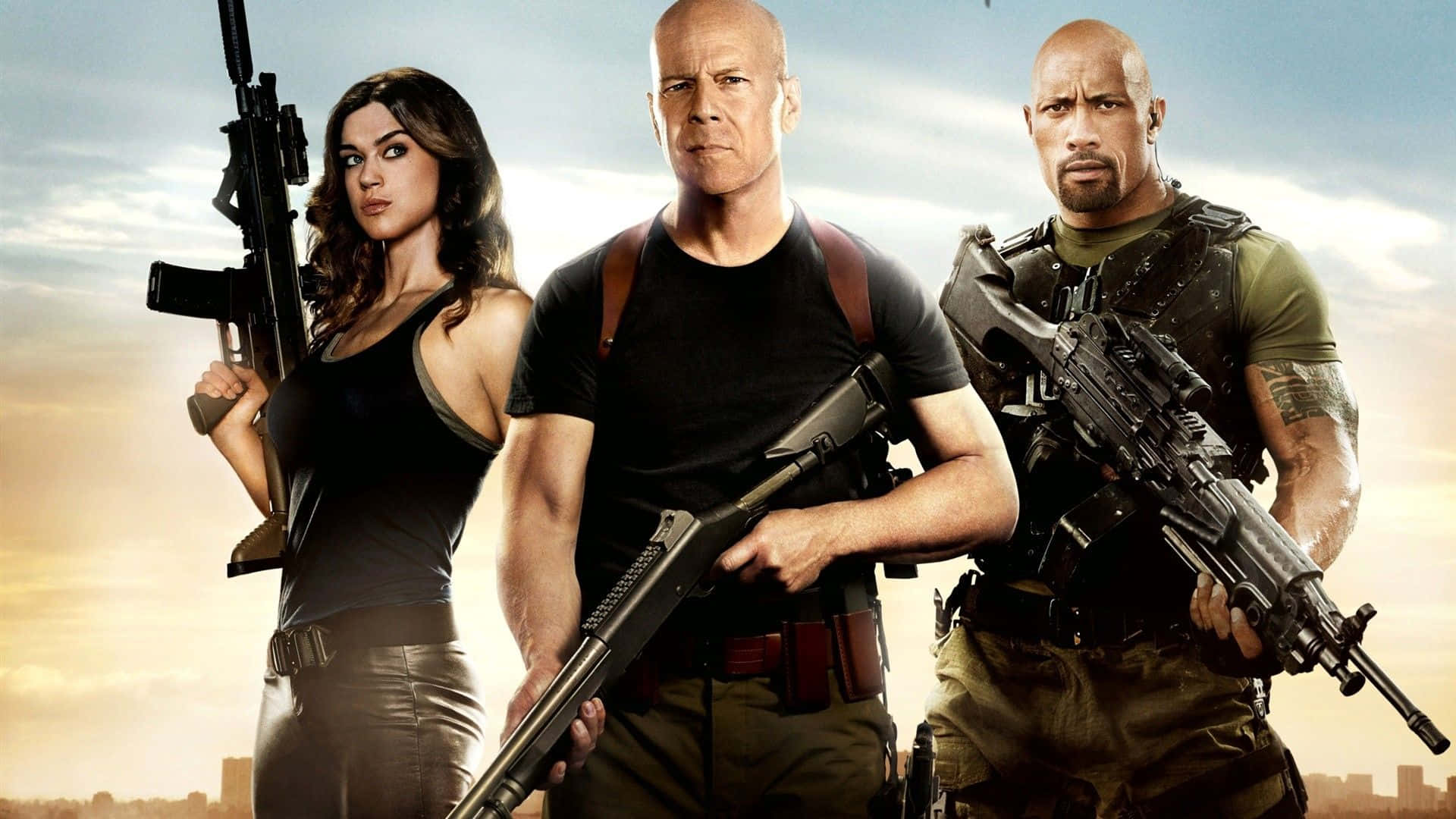1920x1080 HD Movie, sunset city skyline, three muscular action stars, Full HD Desktop Wallpaper