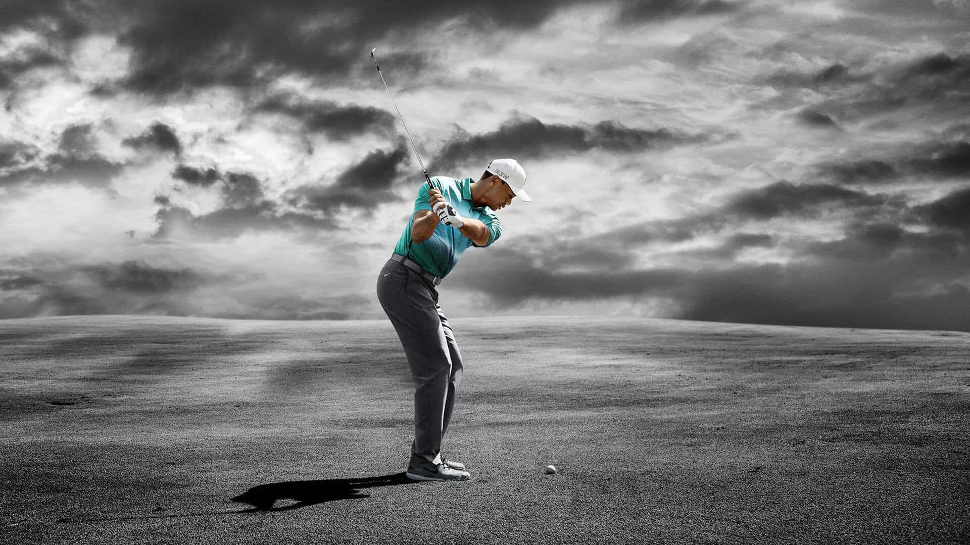golfer, mid-swing, rolling green, Full HD Desktop Wallpaper
