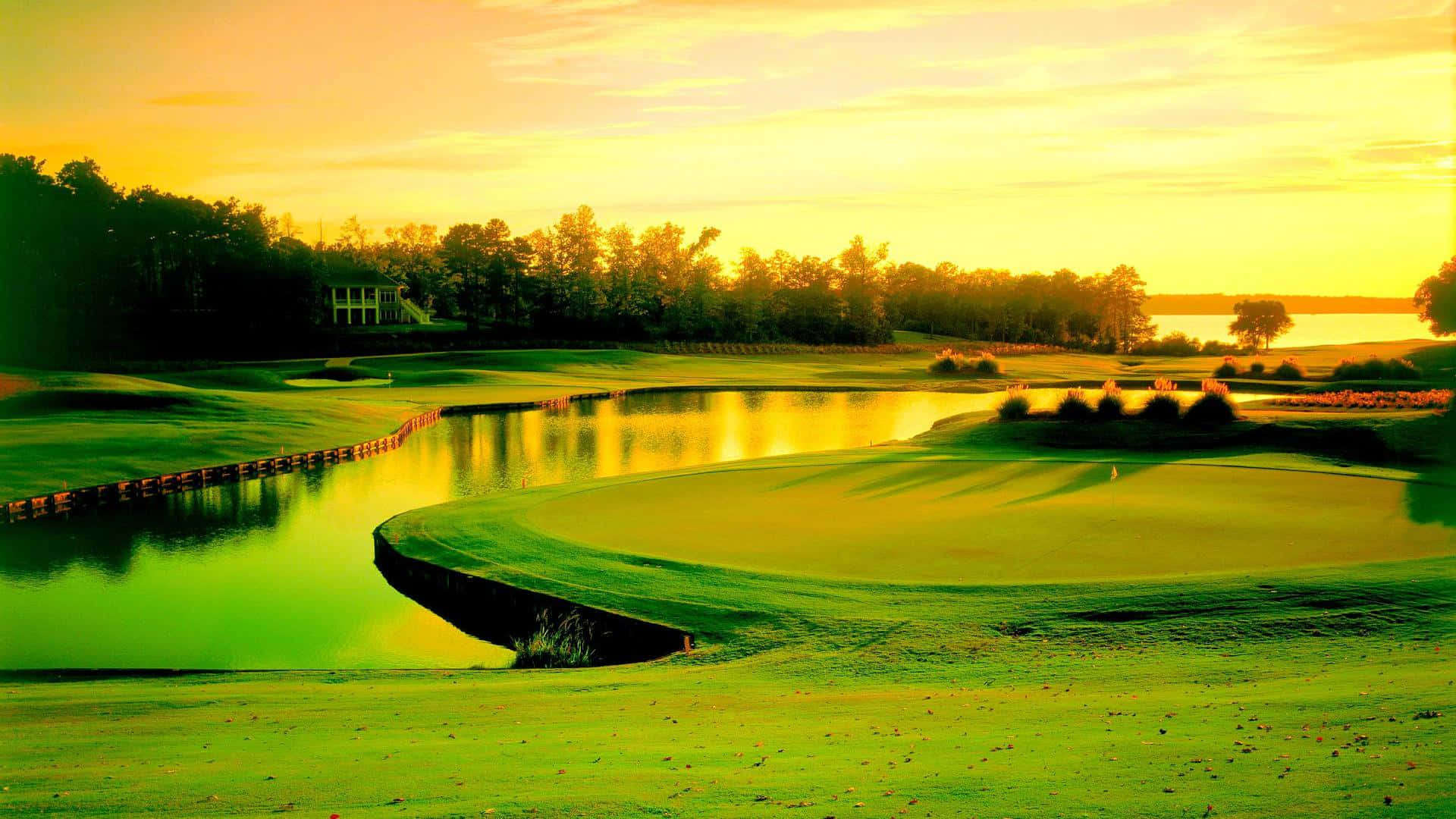 1920x1080 HD Golf, golden sunset light, calm water hazard, Full HD Desktop Wallpaper