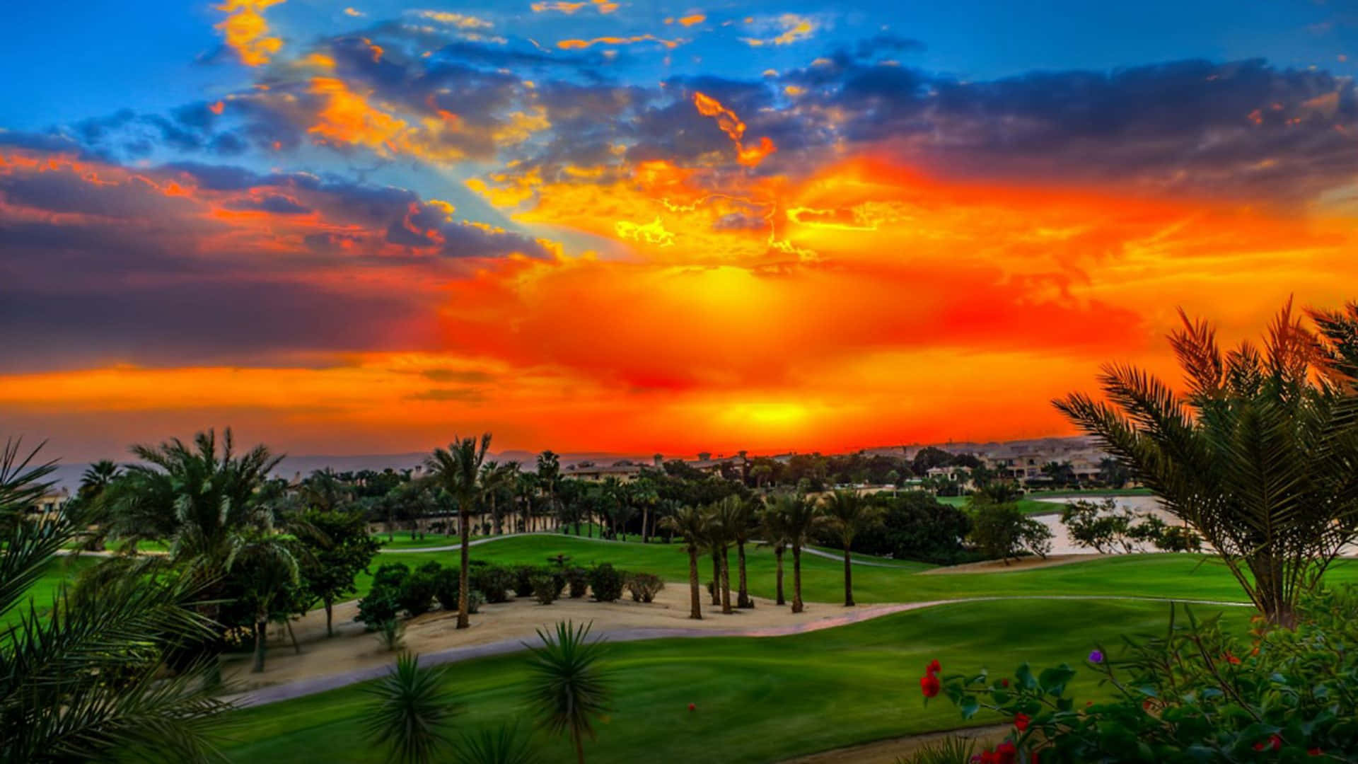 1920x1080 HD Golf, sunset, fiery orange, Full HD Desktop Wallpaper