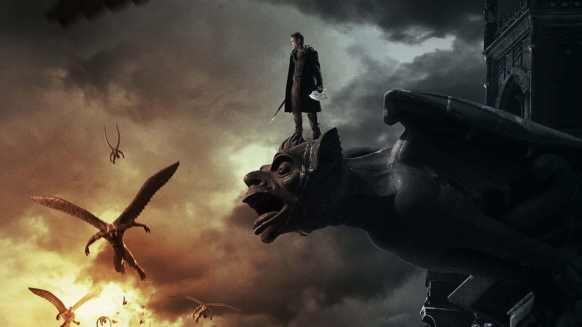 1920x1080 HD movie, gargoyles head, fiery birds, Full HD Desktop Wallpaper