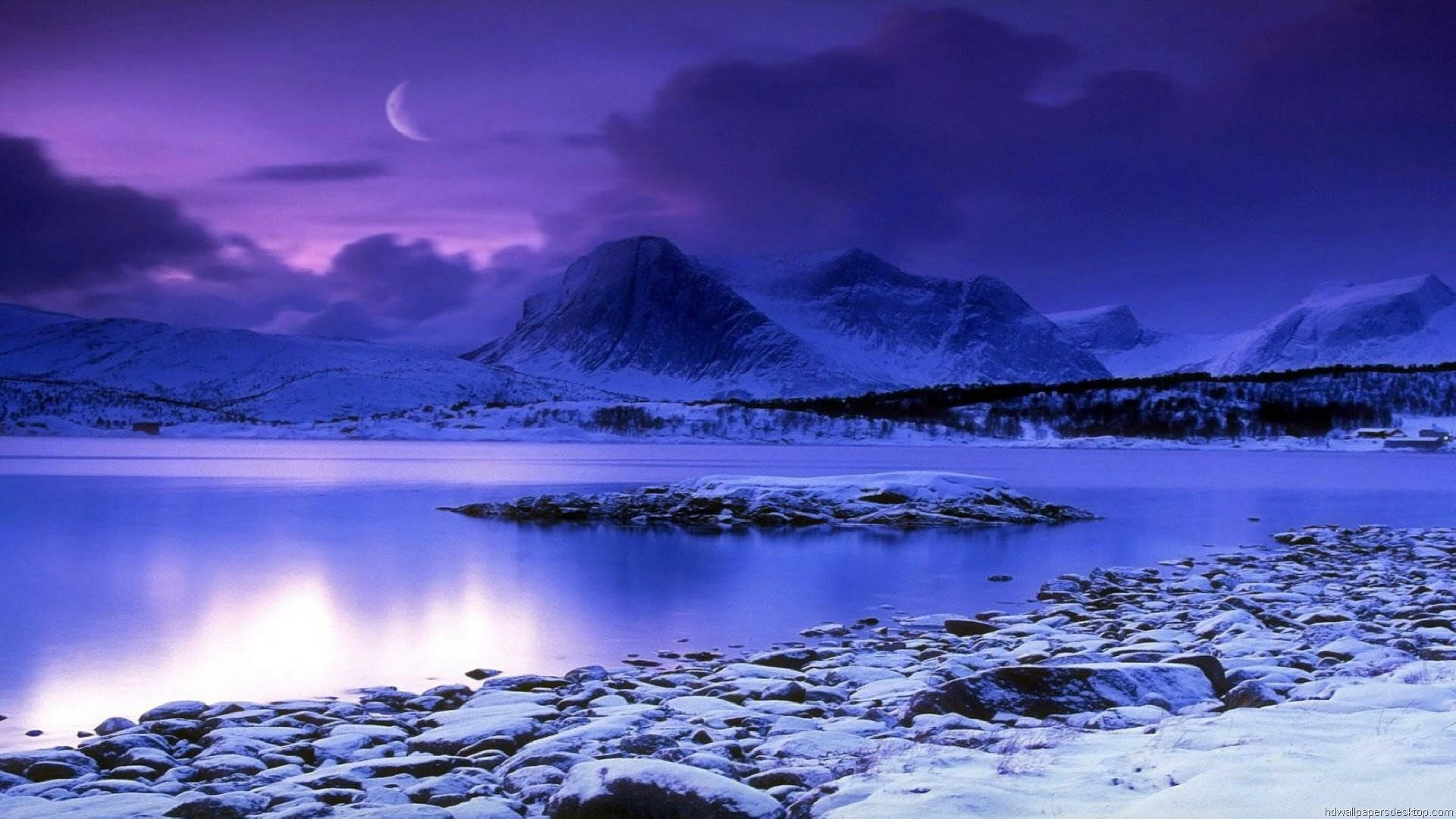 1920x1080 HD Nature, winter lake, purple twilight sky, Full HD Desktop Wallpaper