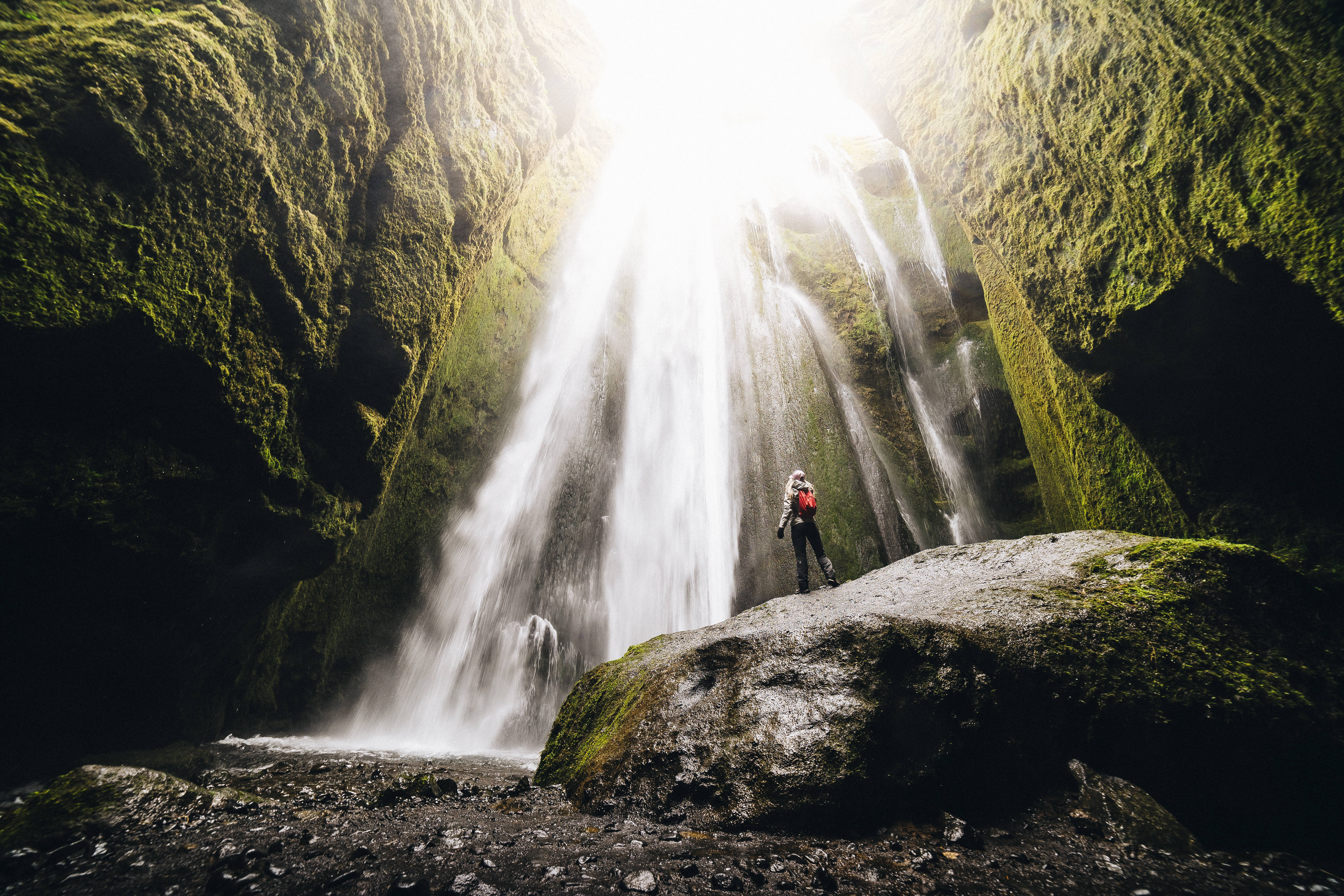 1920x1080 HD Nature, mossy rock, cascading waterfall, 5K Desktop Wallpaper