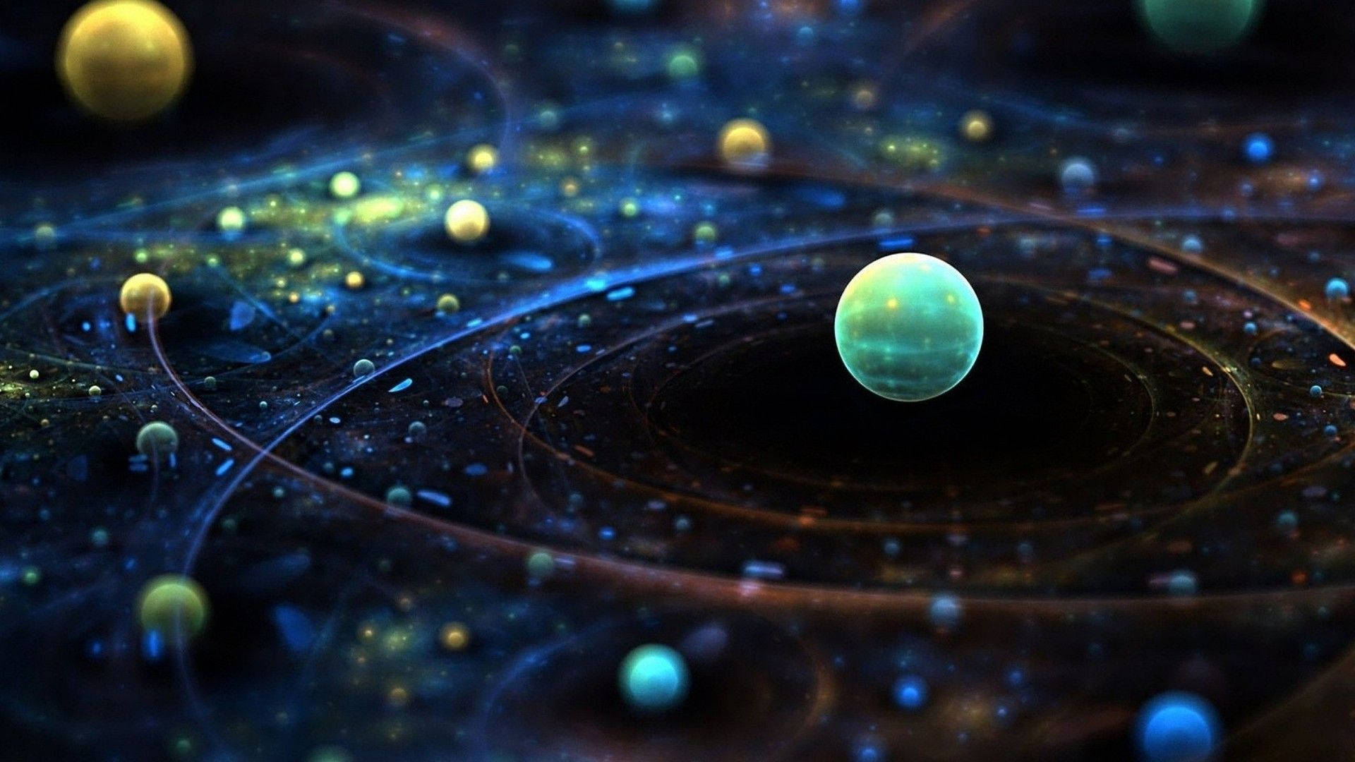1920x1080 HD Space, teal planet, swirling cosmic rings, Full HD Desktop Wallpaper