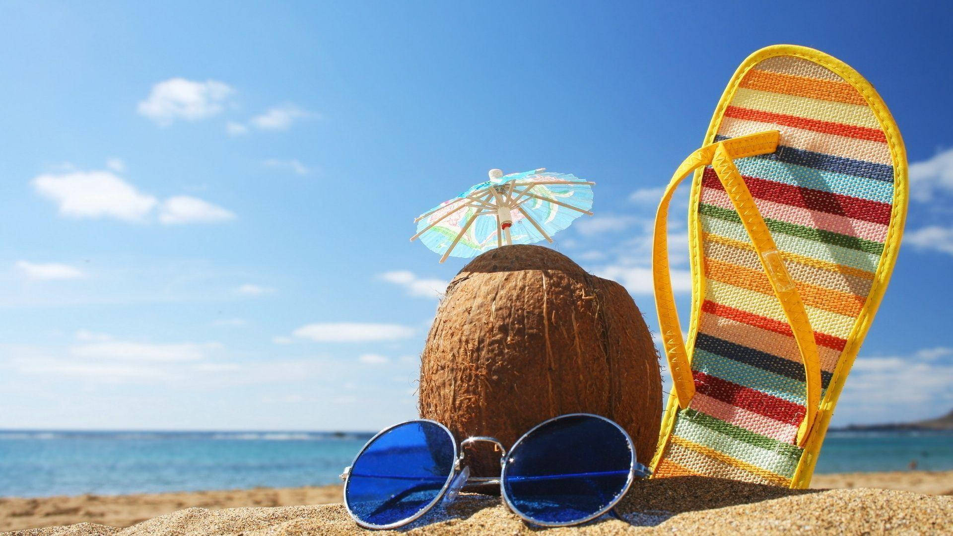 1920x1080 HD Summer Essentials, coconut drink, umbrella sunglasses, Full HD Desktop Wallpaper