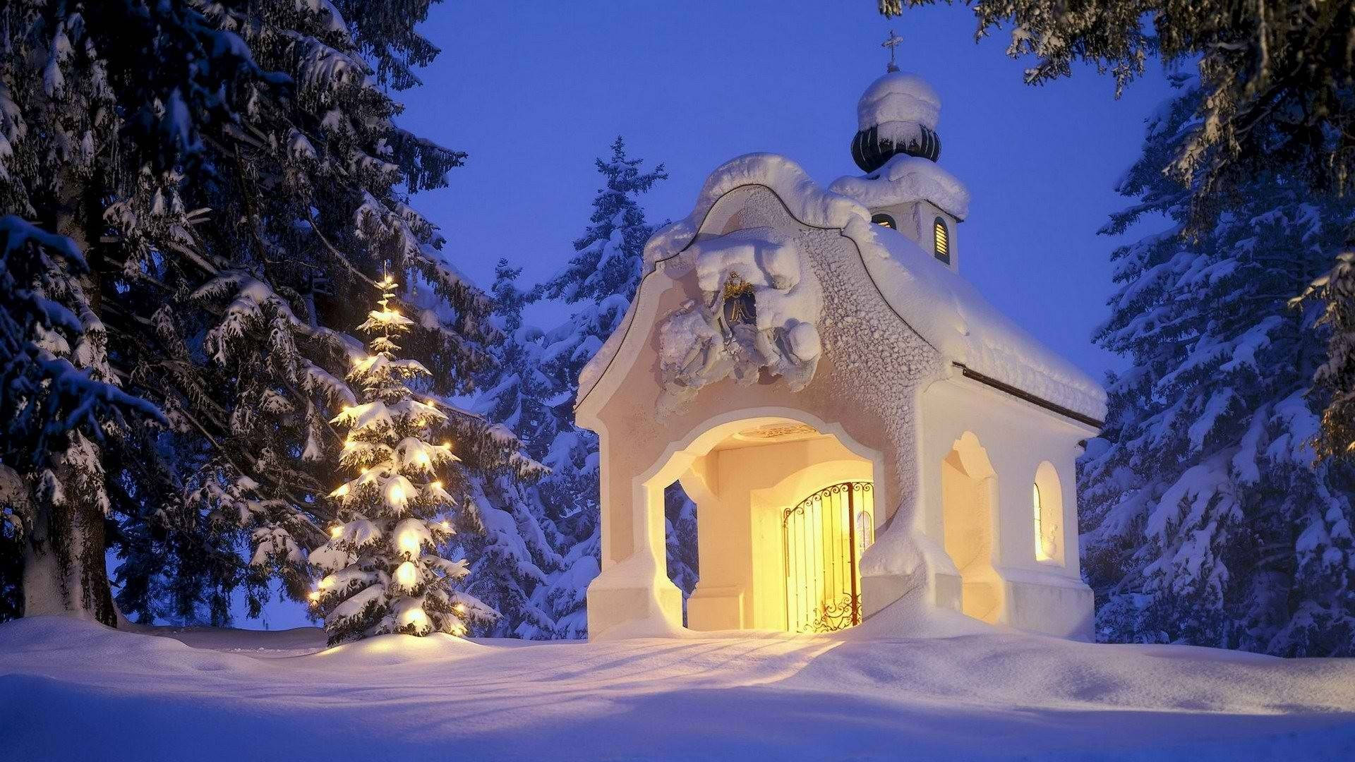 snow-covered chapel, twilight sky, frosted evergreens, Full HD Desktop Wallpaper