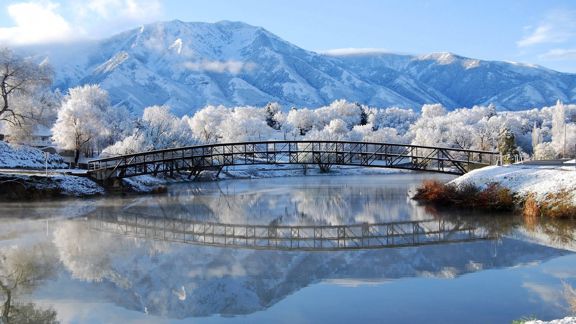 1920x1080, winter desktop, snow-covered bridge, Full HD Desktop Wallpaper