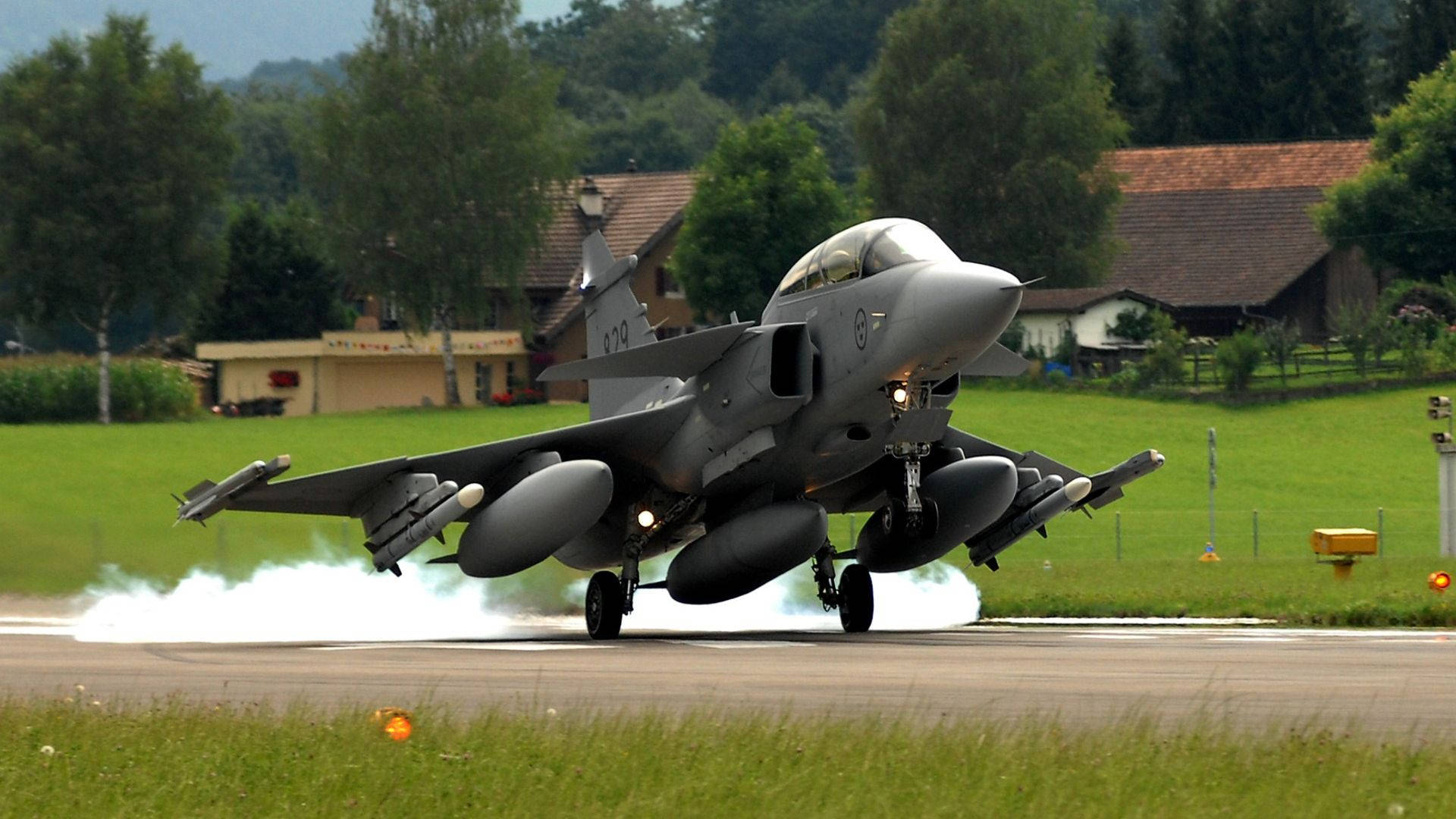modern military jet, gray fighter jet, runway, Full HD Desktop Wallpaper