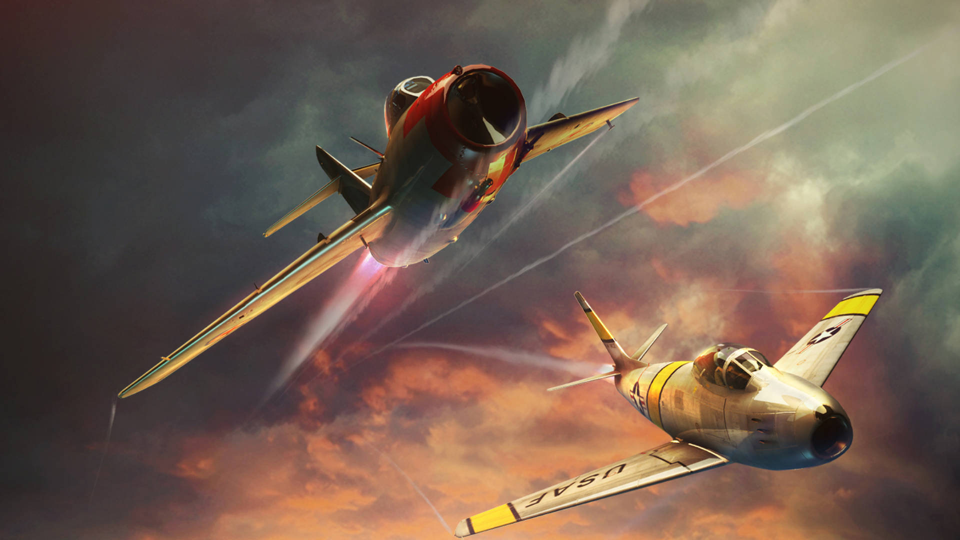 vintage fighter jets, fiery sunset sky, trailing smoke, Full HD Desktop Wallpaper