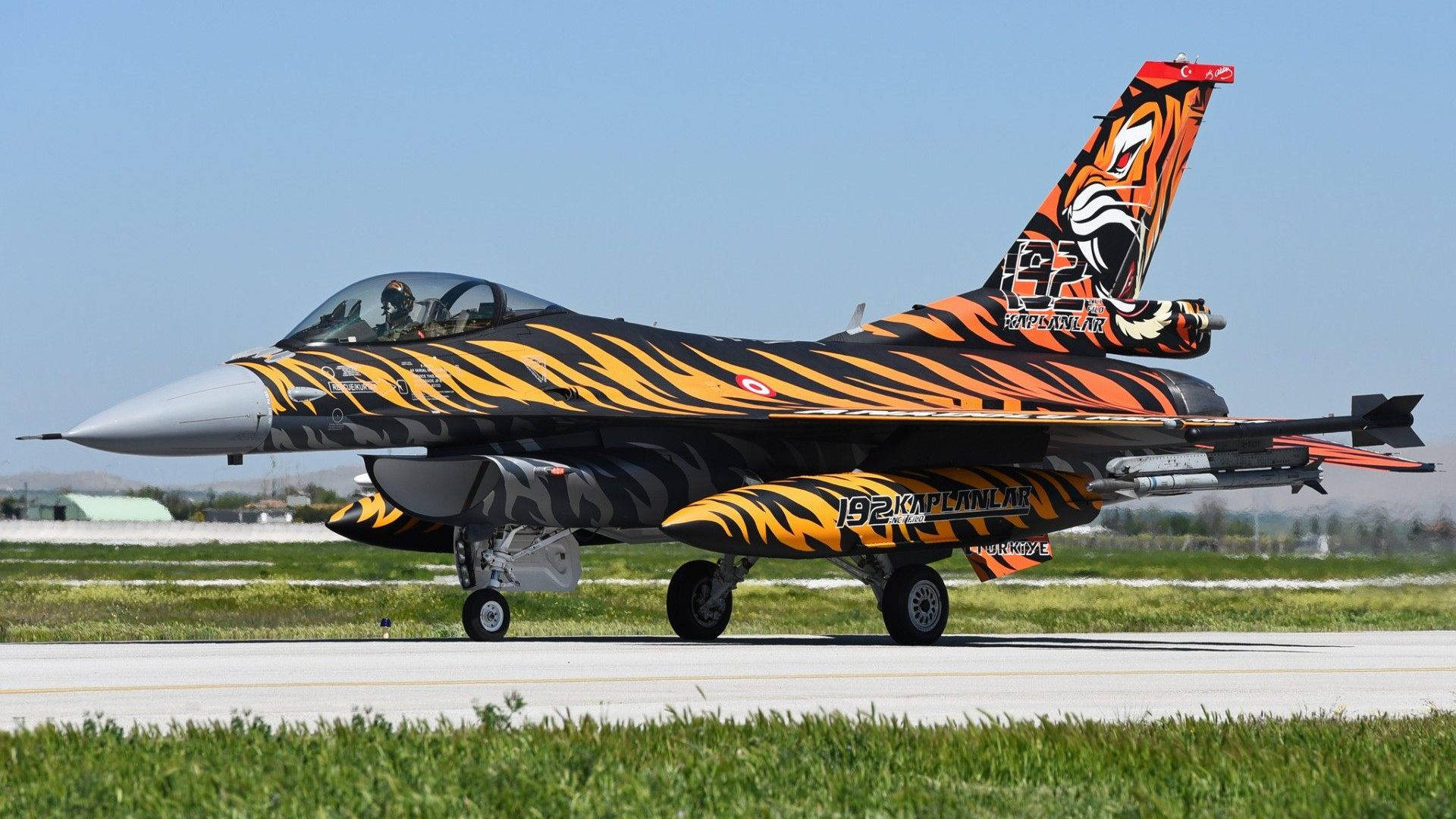 fighter jet, tiger stripe livery, runway, Full HD Desktop Wallpaper