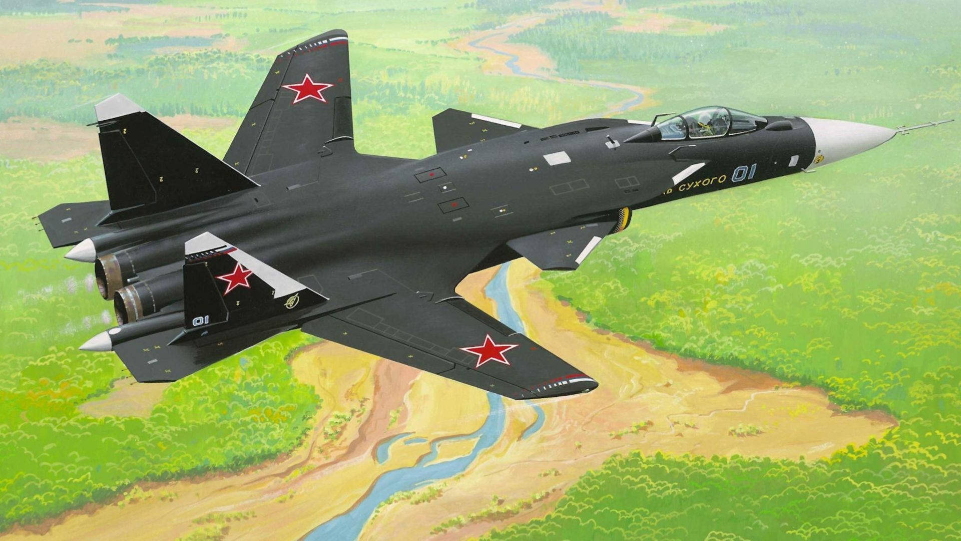black fighter jet, red stars, winding river, Full HD Desktop Wallpaper