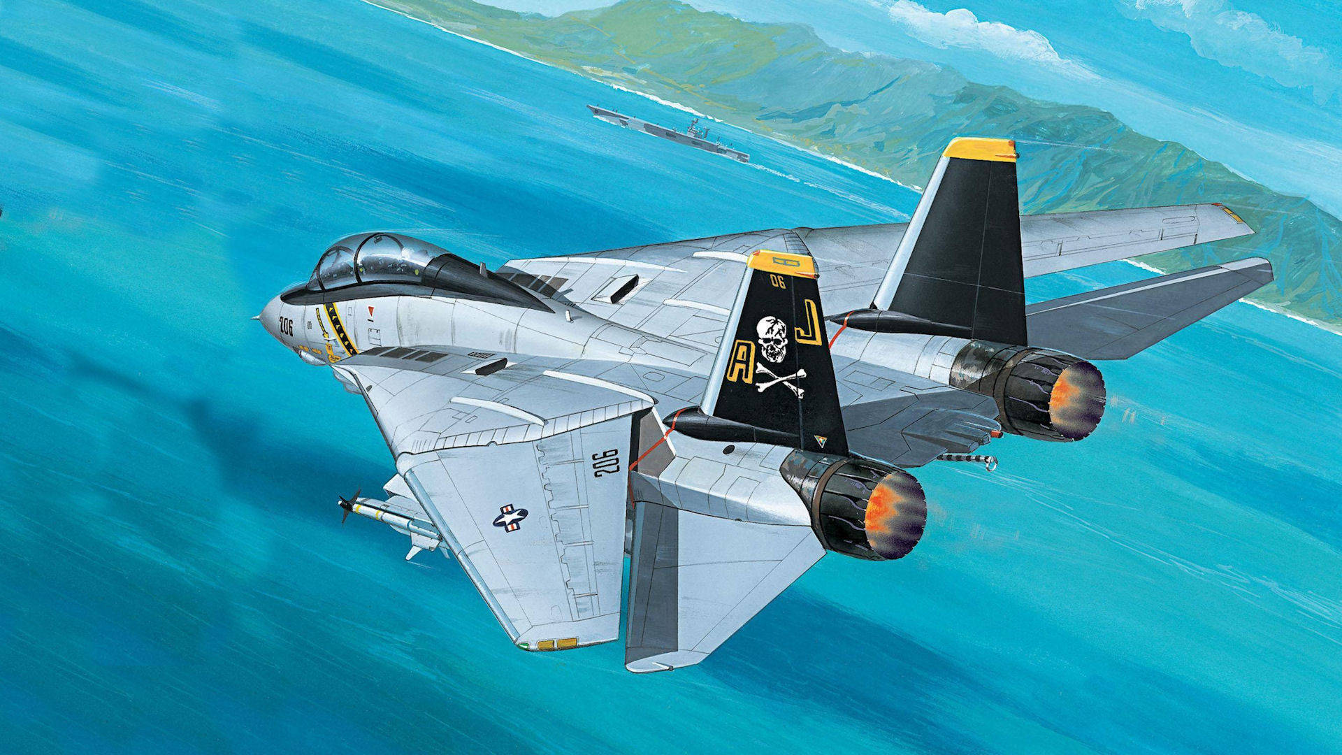 gray fighter jet, skull markings, turquoise ocean, Full HD Desktop Wallpaper