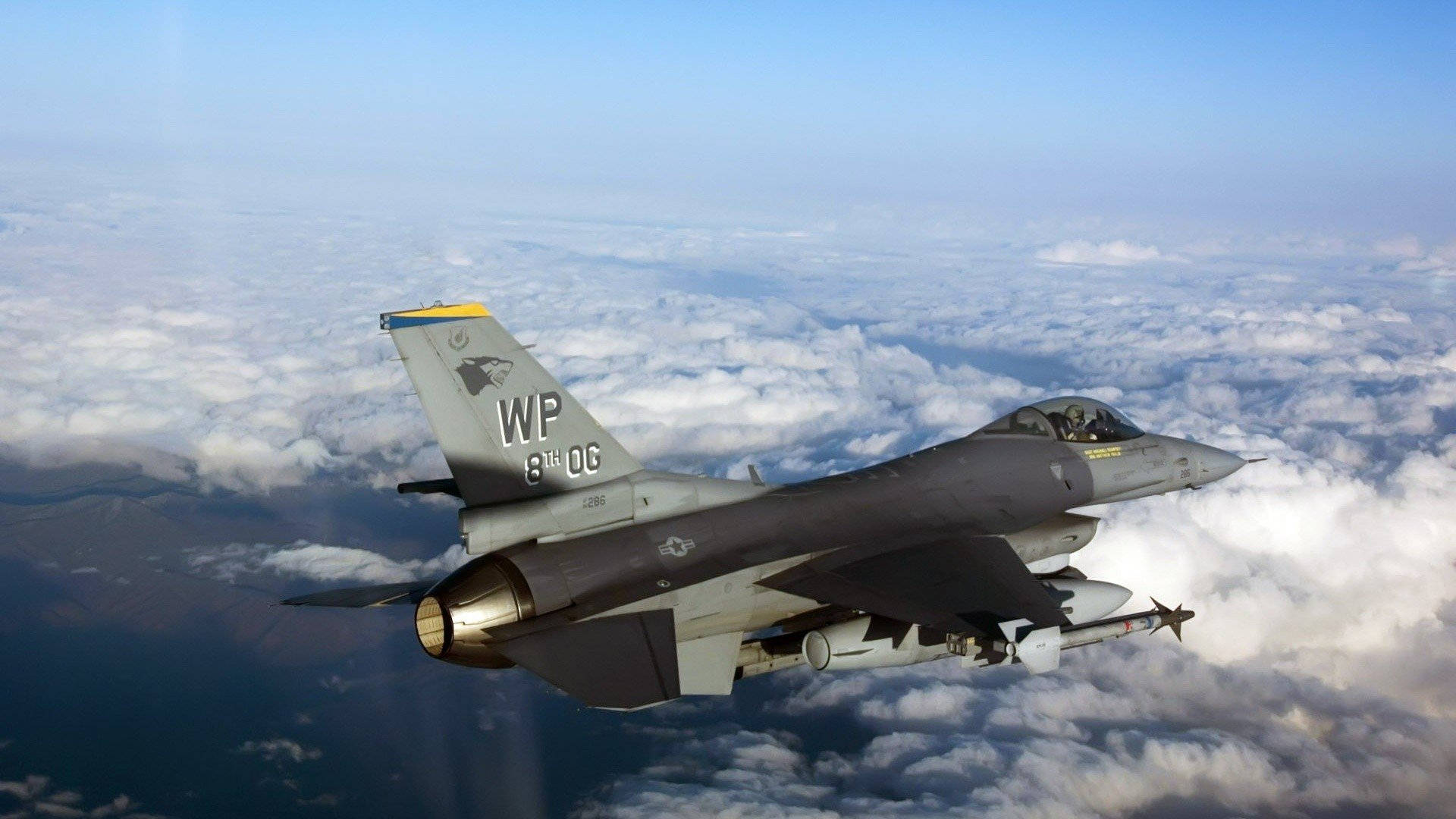 1920x1080 jet, gray fighter jet, fluffy white clouds, Full HD Desktop Wallpaper