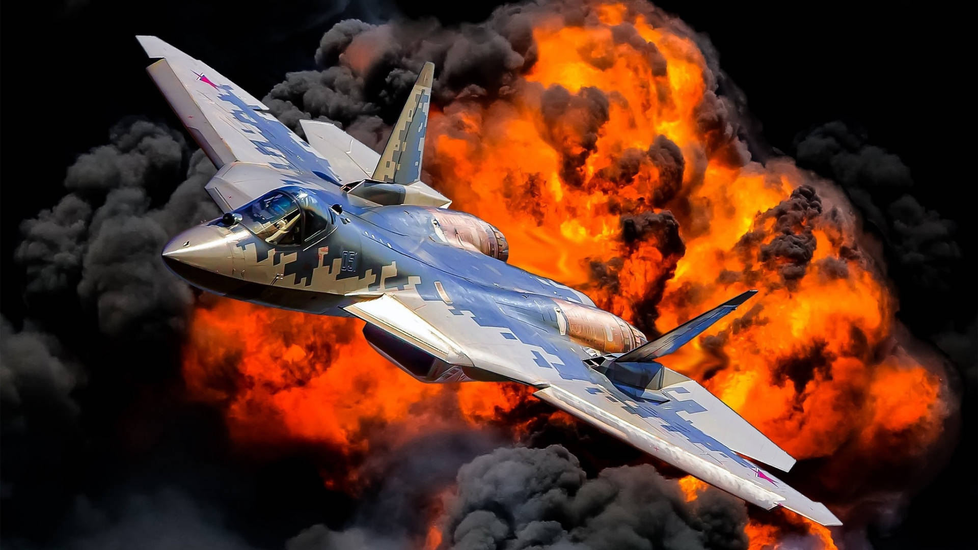 futuristic fighter jet, fiery explosion, billowing black smoke, Full HD Desktop Wallpaper
