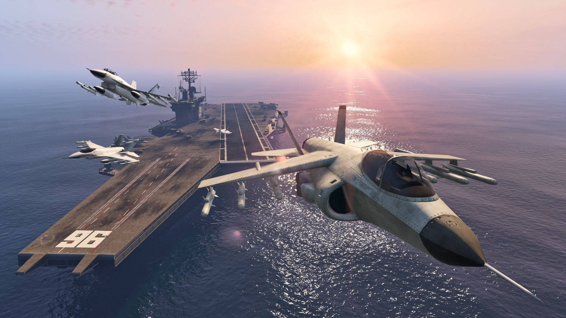 fighter jet, naval aircraft carrier, sunset, Full HD Desktop Wallpaper