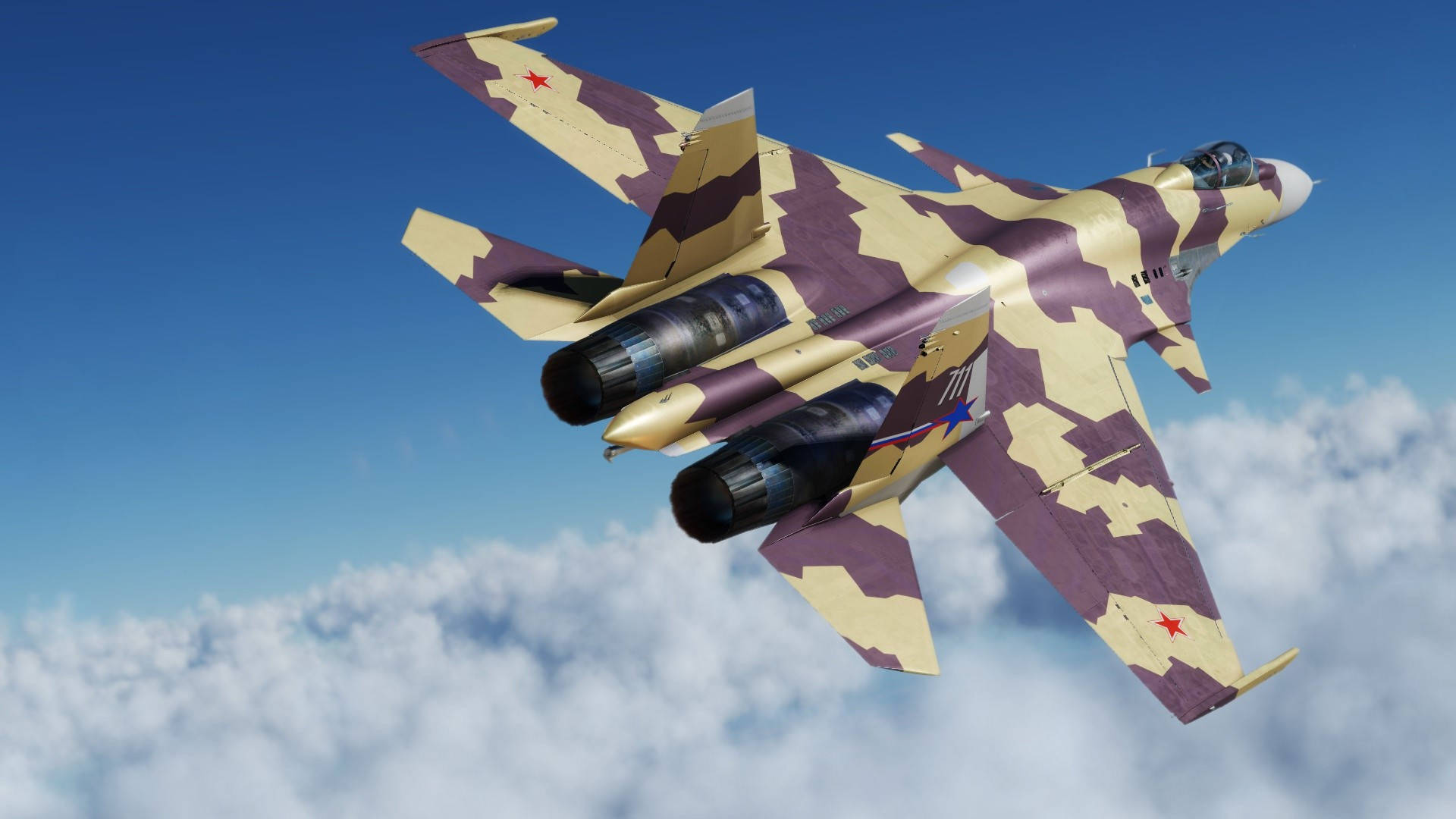 camouflaged fighter jet, fluffy white clouds, clear blue sky, Full HD Desktop Wallpaper