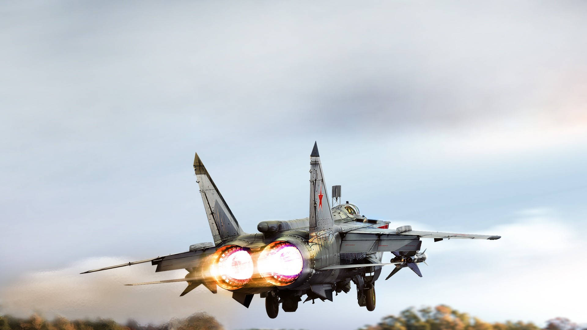 gray fighter jet, afterburners blazing, forested landscape, Full HD Desktop Wallpaper