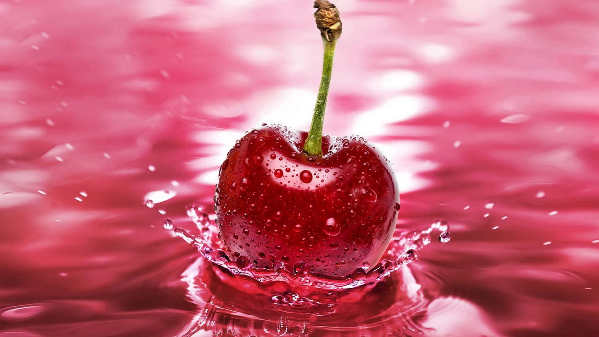 glossy red cherry, green stem, pink liquid, Full HD Desktop Wallpaper
