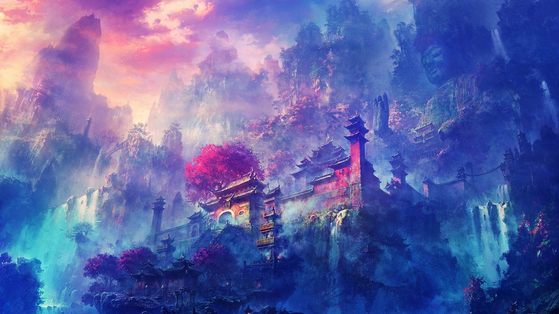 mystical temple complex, misty mountains, surreal pink and blue sunset sky, Full HD Desktop Wallpaper