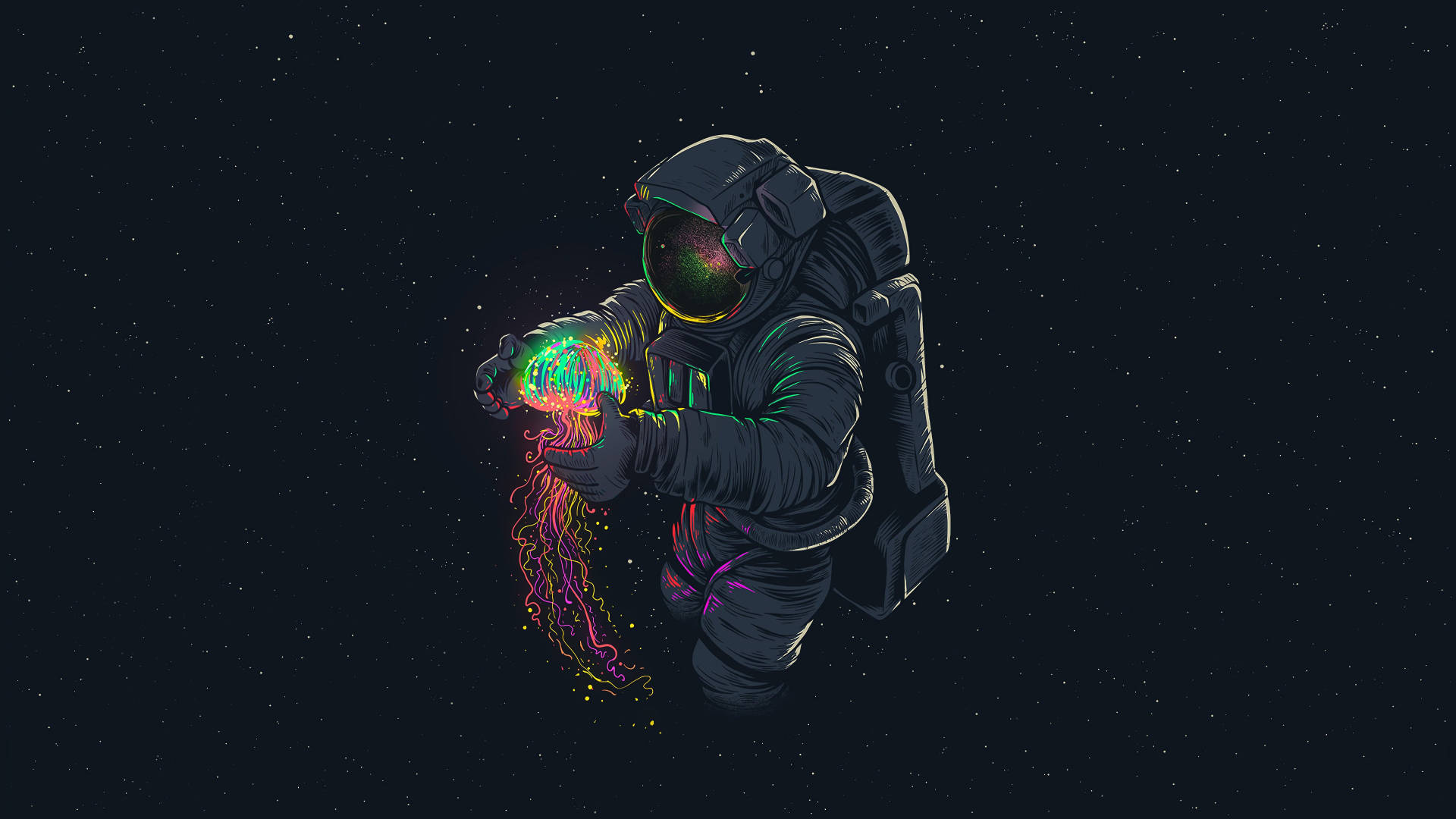 1920x1080, astronaut, glowing neon jellyfish, Full HD Desktop Wallpaper