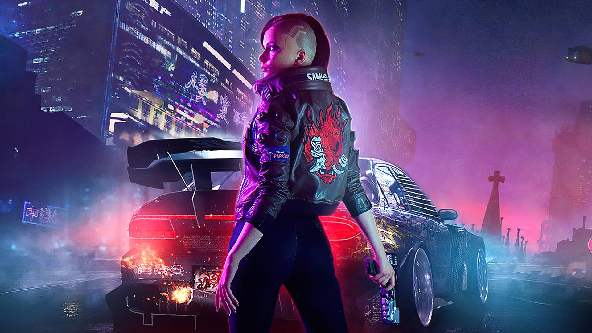 cyberpunk, 1920x1080, flame-emblazoned jacket, Full HD Desktop Wallpaper