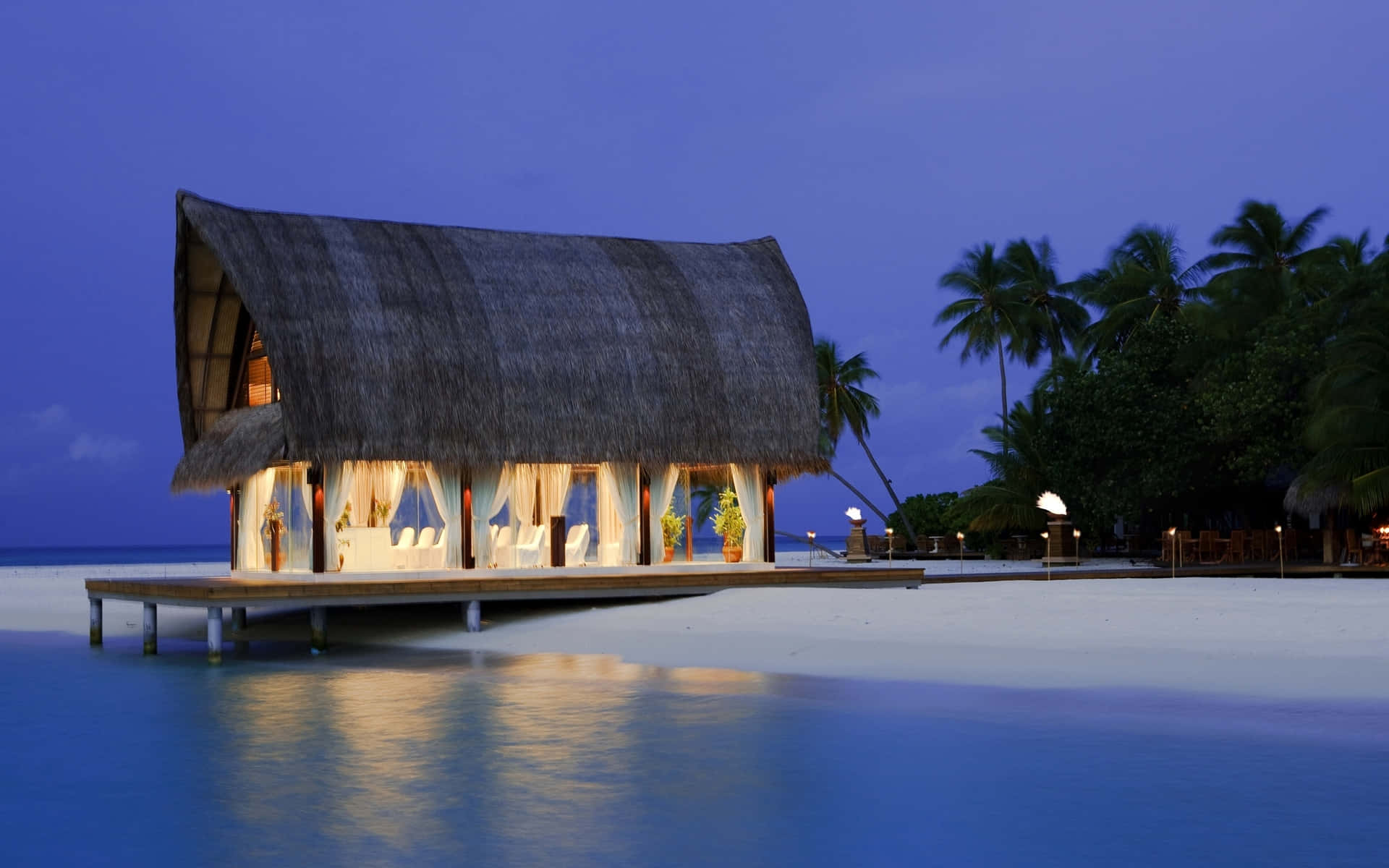 thatched-roof overwater bungalow, twilight, calm turquoise waters, Full HD Desktop Wallpaper