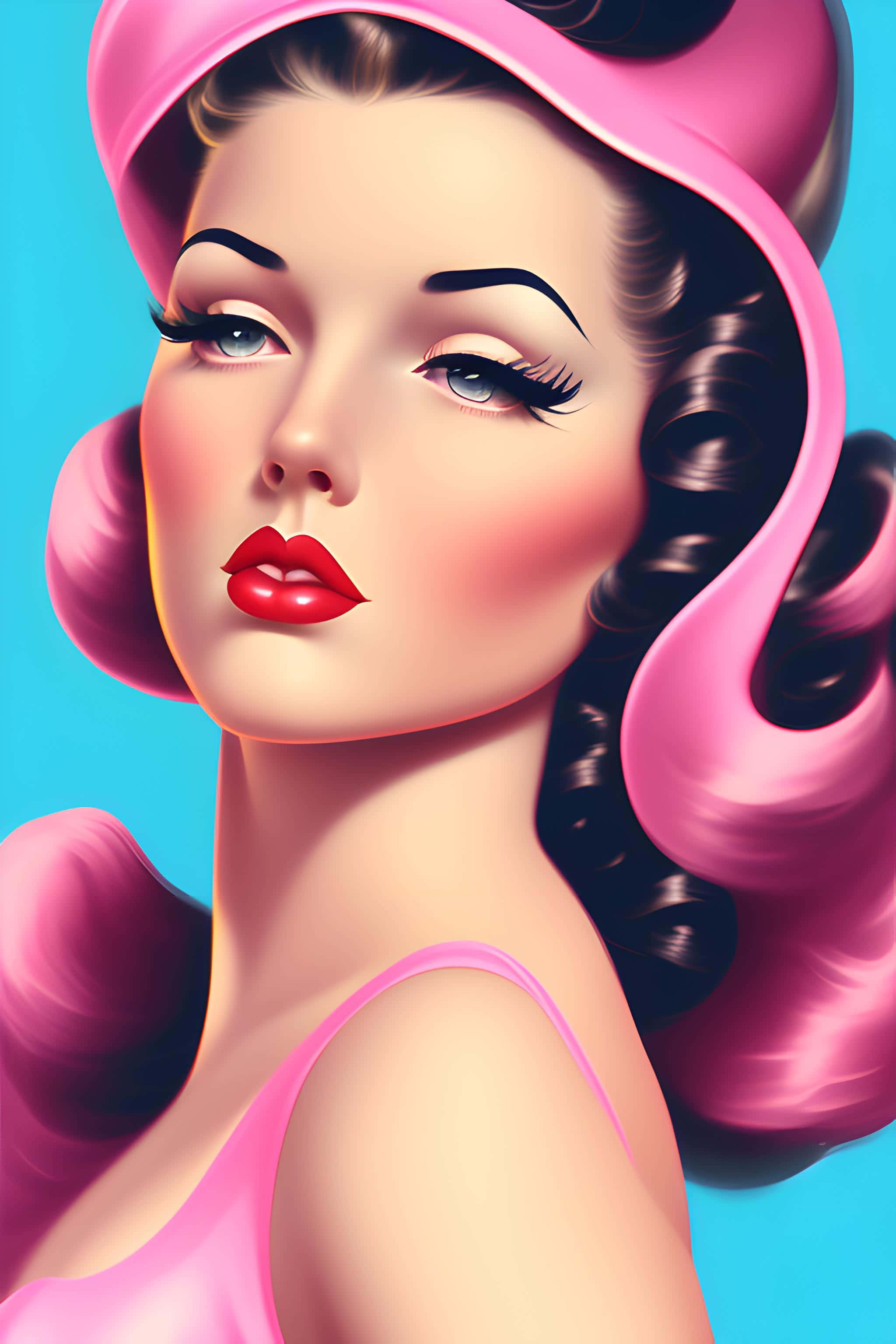 1940s pinup girl, pink hat, bold red lips, 2K Phone Wallpaper