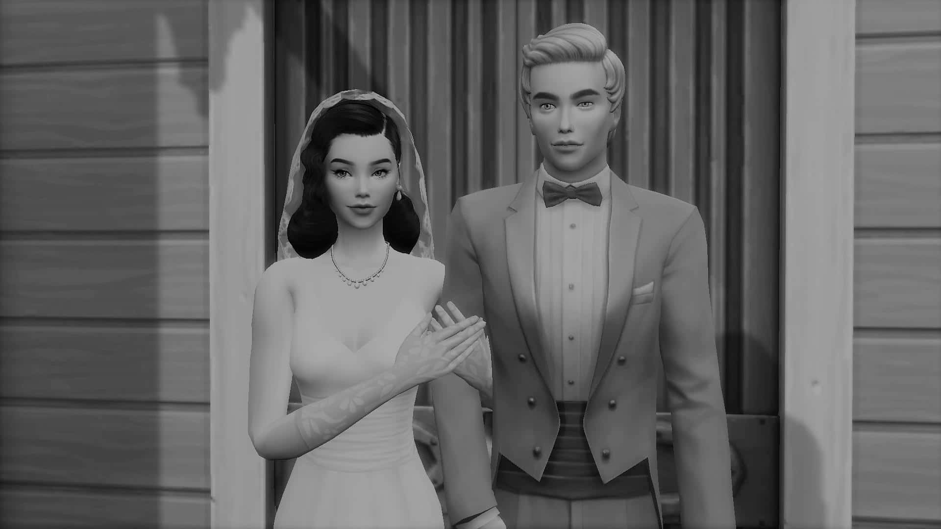 1940s style wedding attire, black and white portrait, bride and groom, Full HD Desktop Wallpaper