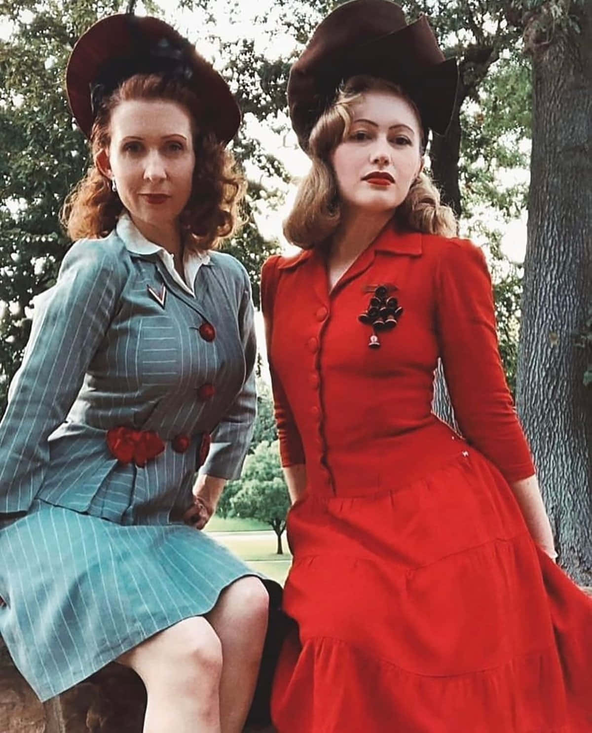 1940s women fashion hatsand dresses, blue pinstripe suit, red dress, HD Phone Wallpaper