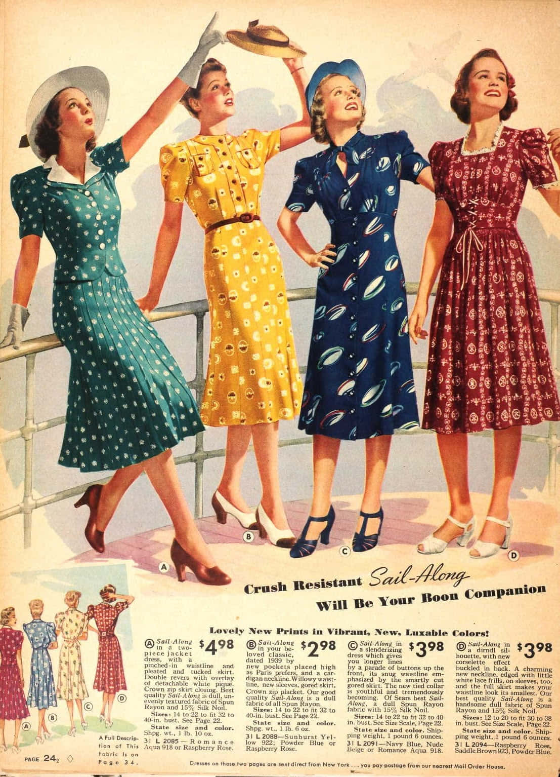 1940s fashion catalog spread, colorful patterned dresses, hats, HD Phone Wallpaper