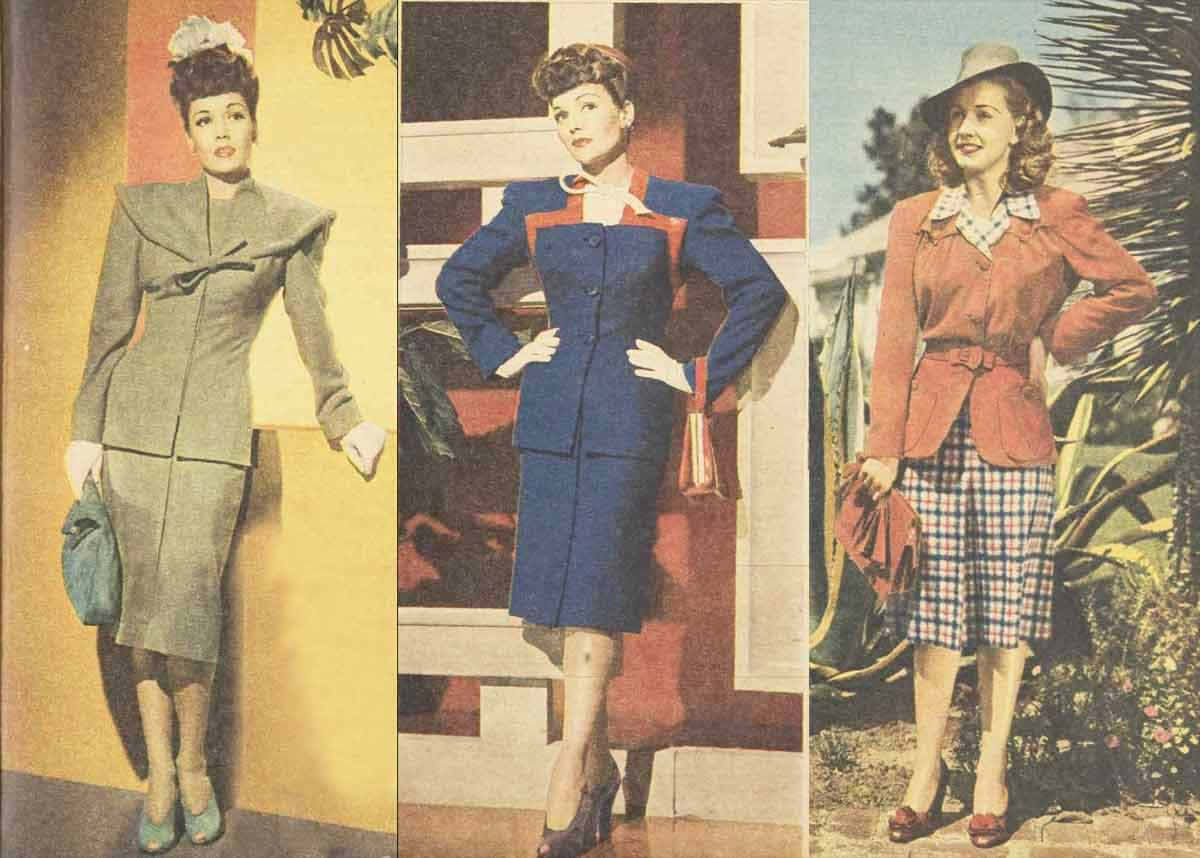1940s women fashion trends, tailored suits, colorful backdrops, SD Desktop Wallpaper