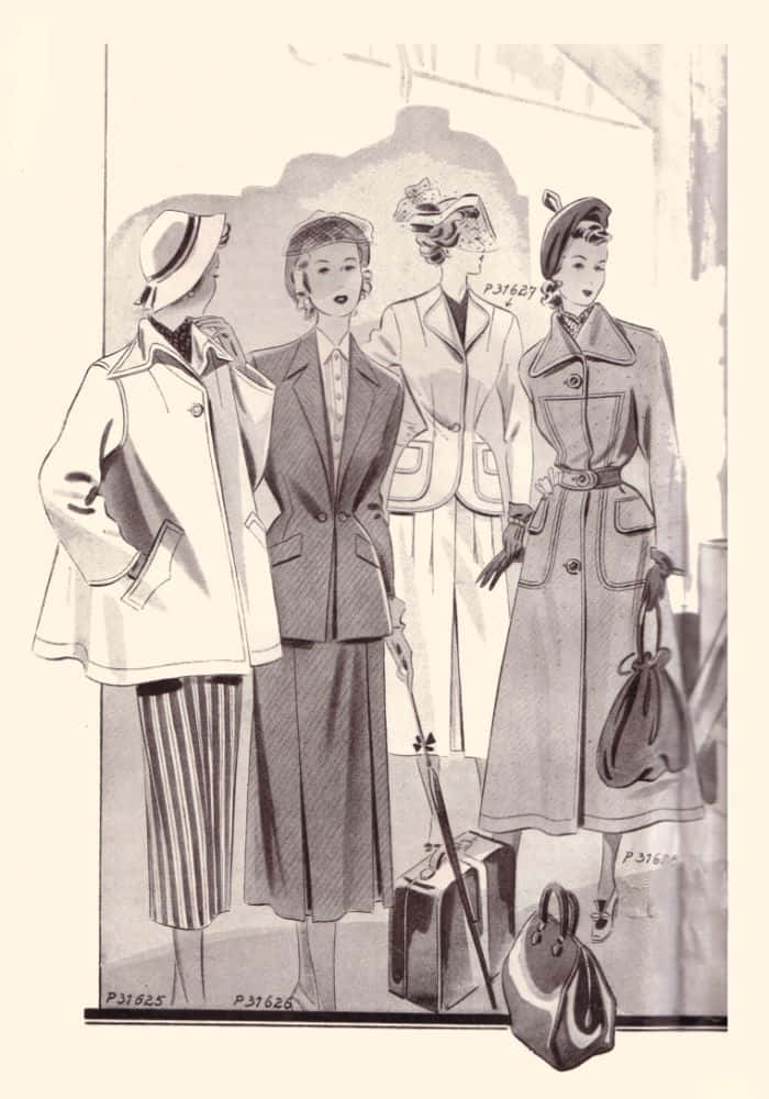 1940s women fashion illustration, vintage coats, hats, SD Phone Wallpaper