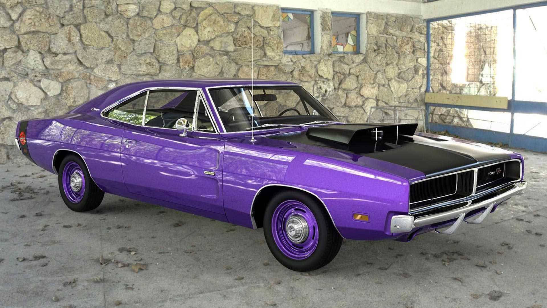 1969 Dodge Charger, purple, black hood, Full HD Desktop Wallpaper