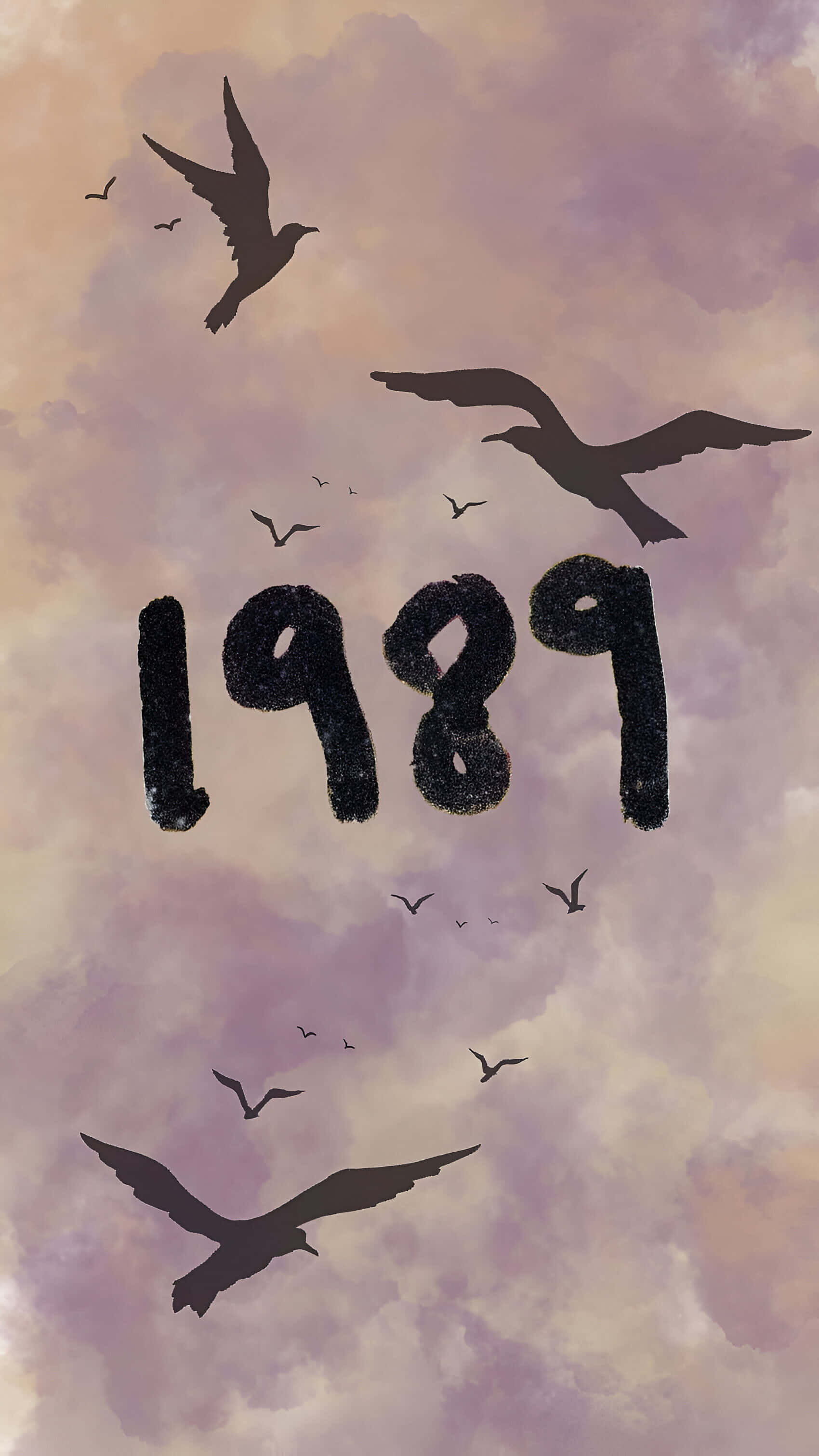 1989, soft purple and peach watercolor sky, textured black, 2K Phone Wallpaper