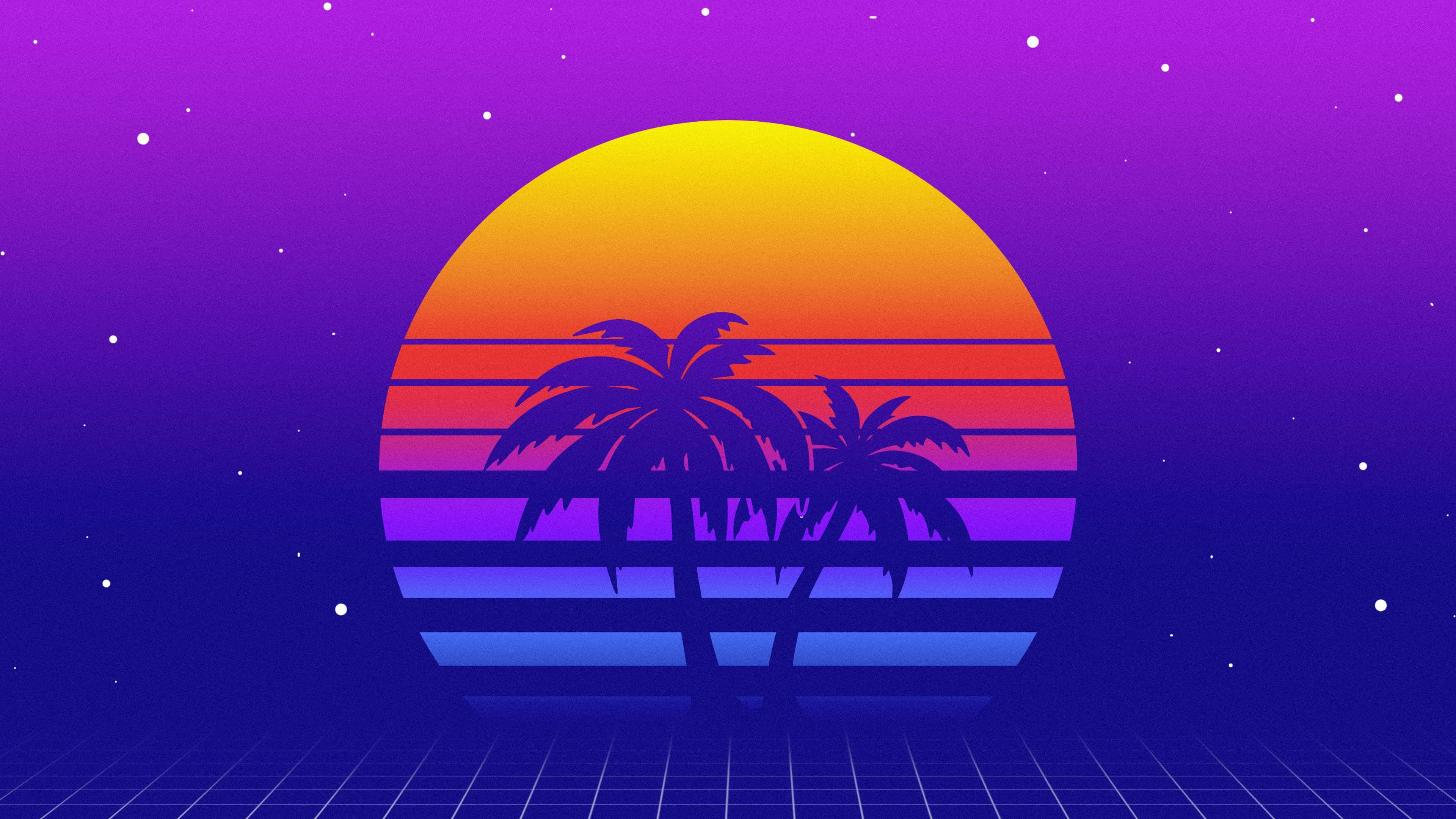 retro synthwave, sunset, palm trees, 4K Desktop Wallpaper