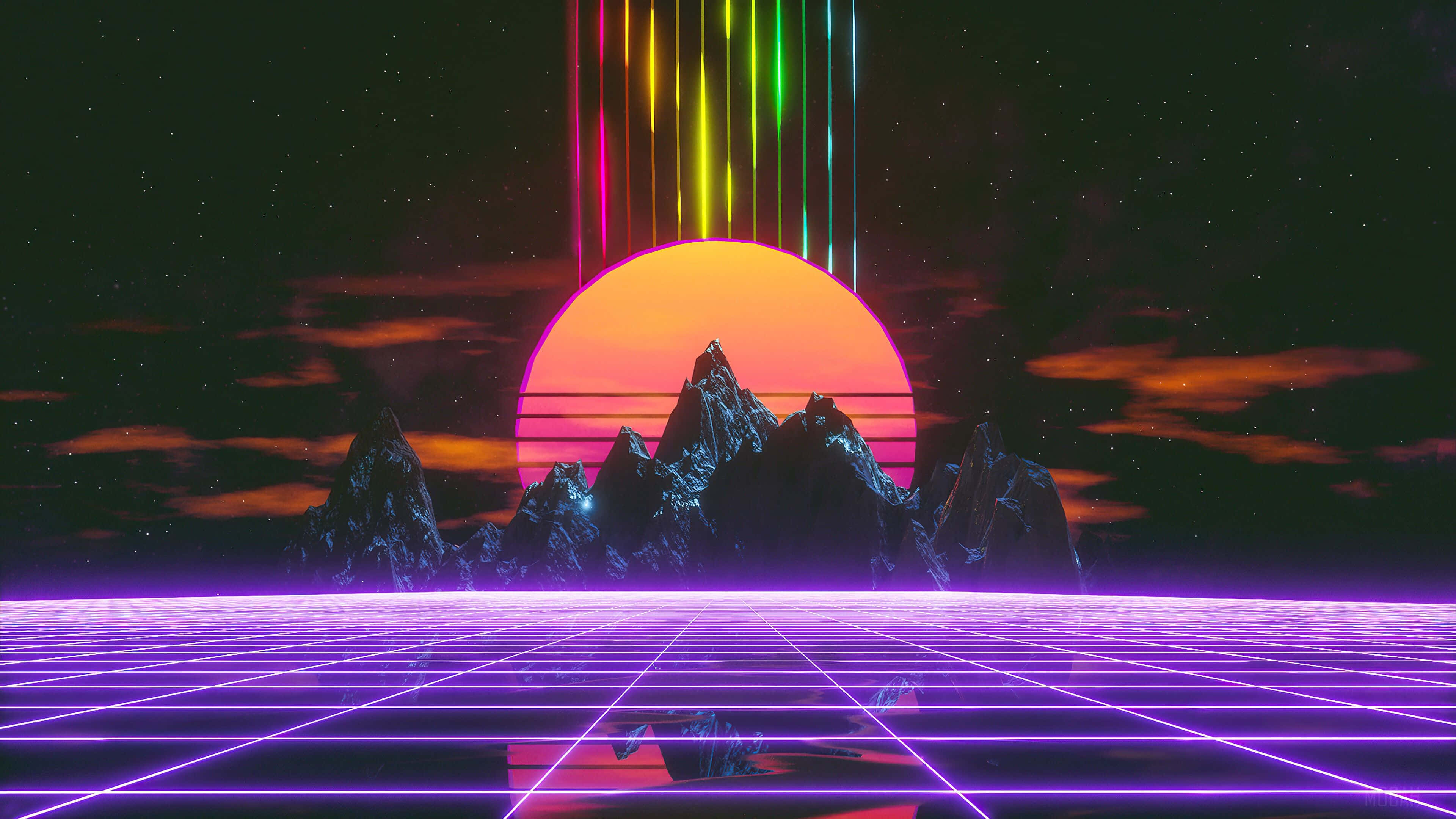 neon grid floor, jagged mountains, glowing sunset, 4K Desktop Wallpaper